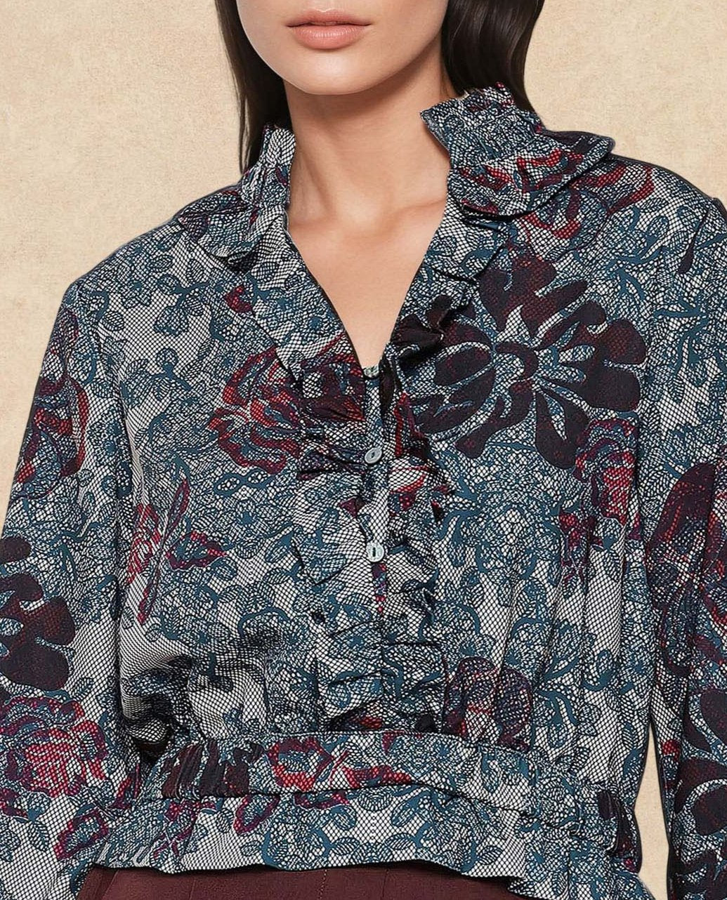 Rareism Women Mugla Multi Polyester Fabric Balloon Sleeve V-Neck Button Closure Cropped Floral Print Top