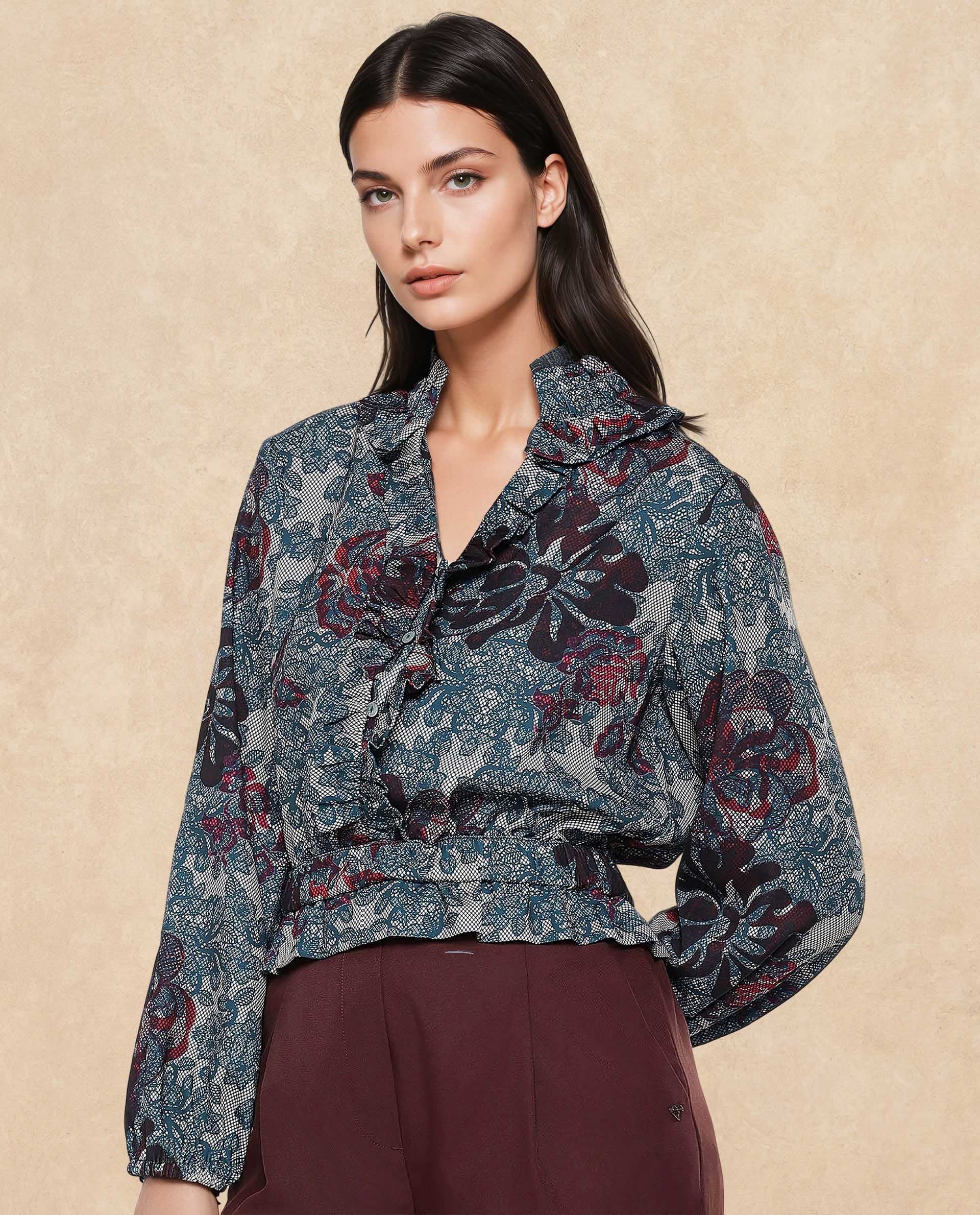 Rareism Women Mugla Multi Polyester Fabric Balloon Sleeve V-Neck Button Closure Cropped Floral Print Top