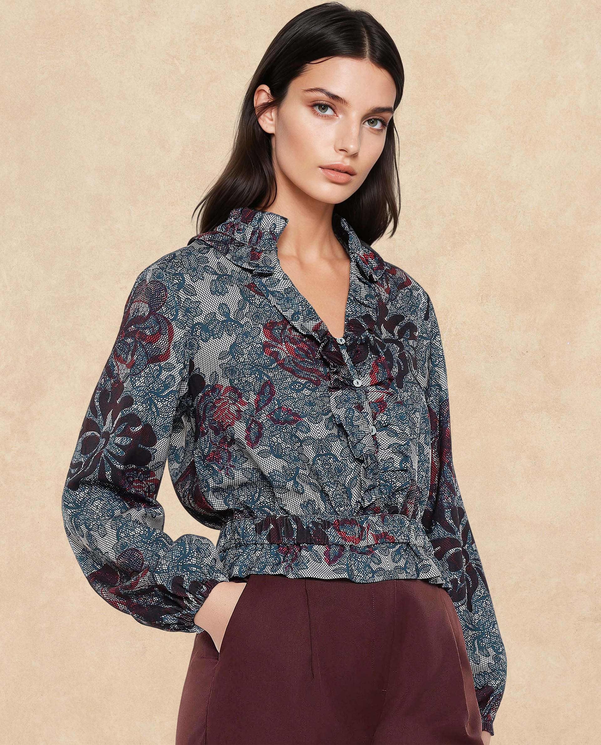 Rareism Women Mugla Multi Polyester Fabric Balloon Sleeve V-Neck Button Closure Cropped Floral Print Top