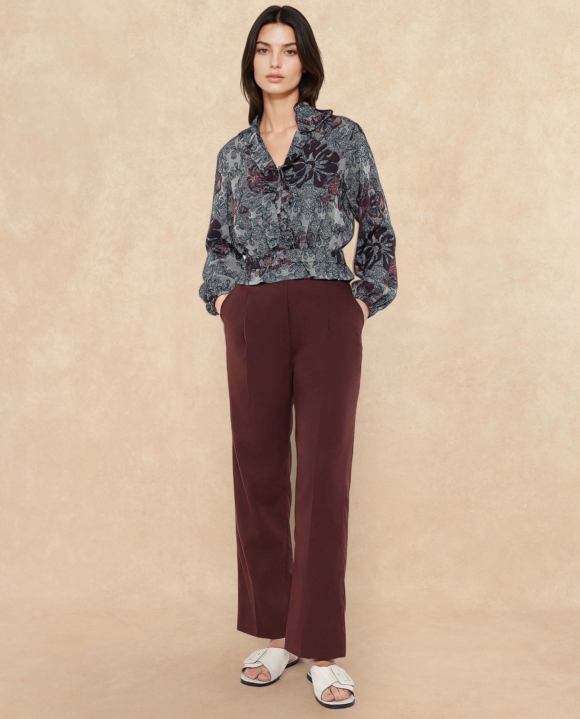 Rareism Women Mugla Multi Polyester Fabric Balloon Sleeve V-Neck Button Closure Cropped Floral Print Top