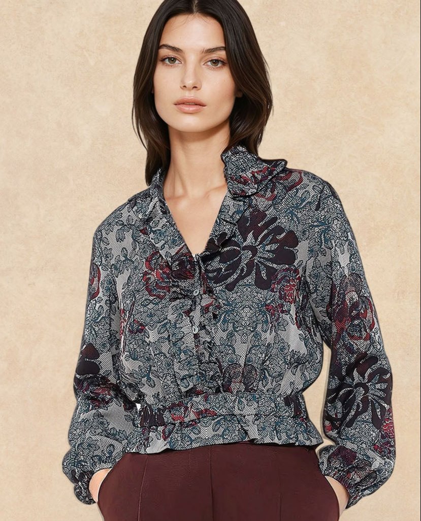 Rareism Women Mugla Multi Polyester Fabric Balloon Sleeve V-Neck Button Closure Cropped Floral Print Top