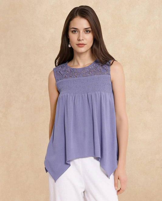 Rareism Women Mumia Dusky Blue Sleeveless Crew Neck Plain Top
