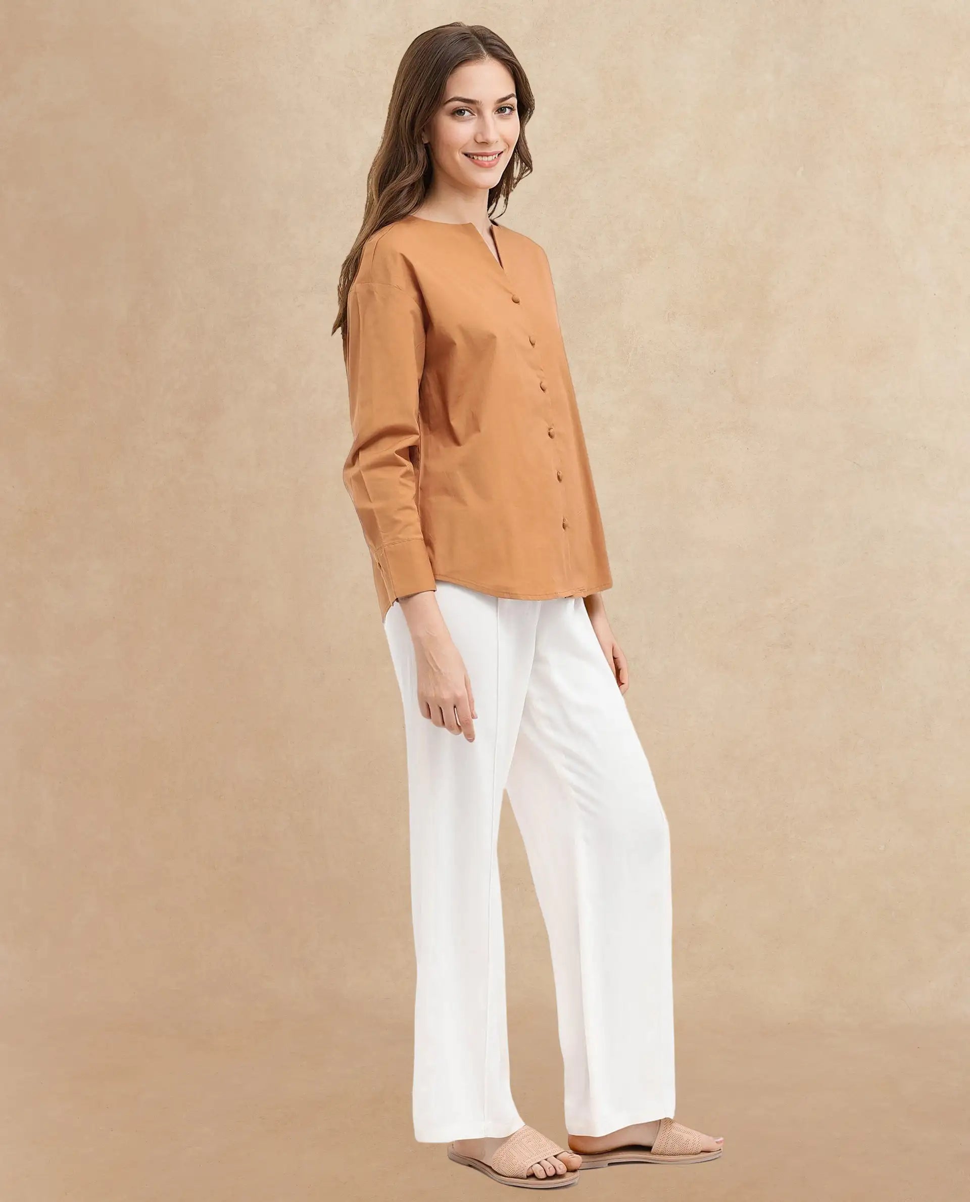 Rareism Women Nagoya Light Brown Cotton Full Sleeve Round Neck Top