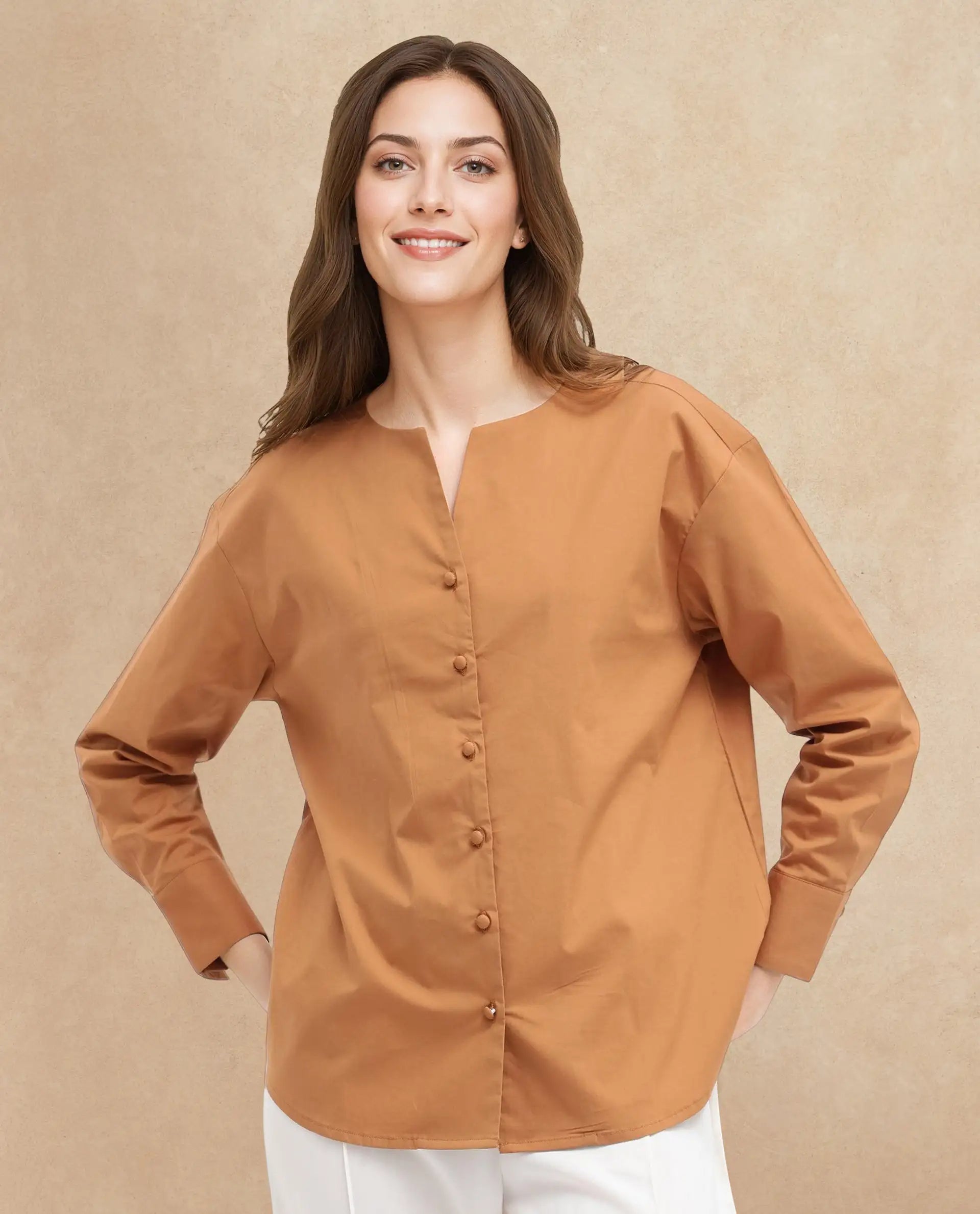 Rareism Women Nagoya Light Brown Cotton Full Sleeve Round Neck Top