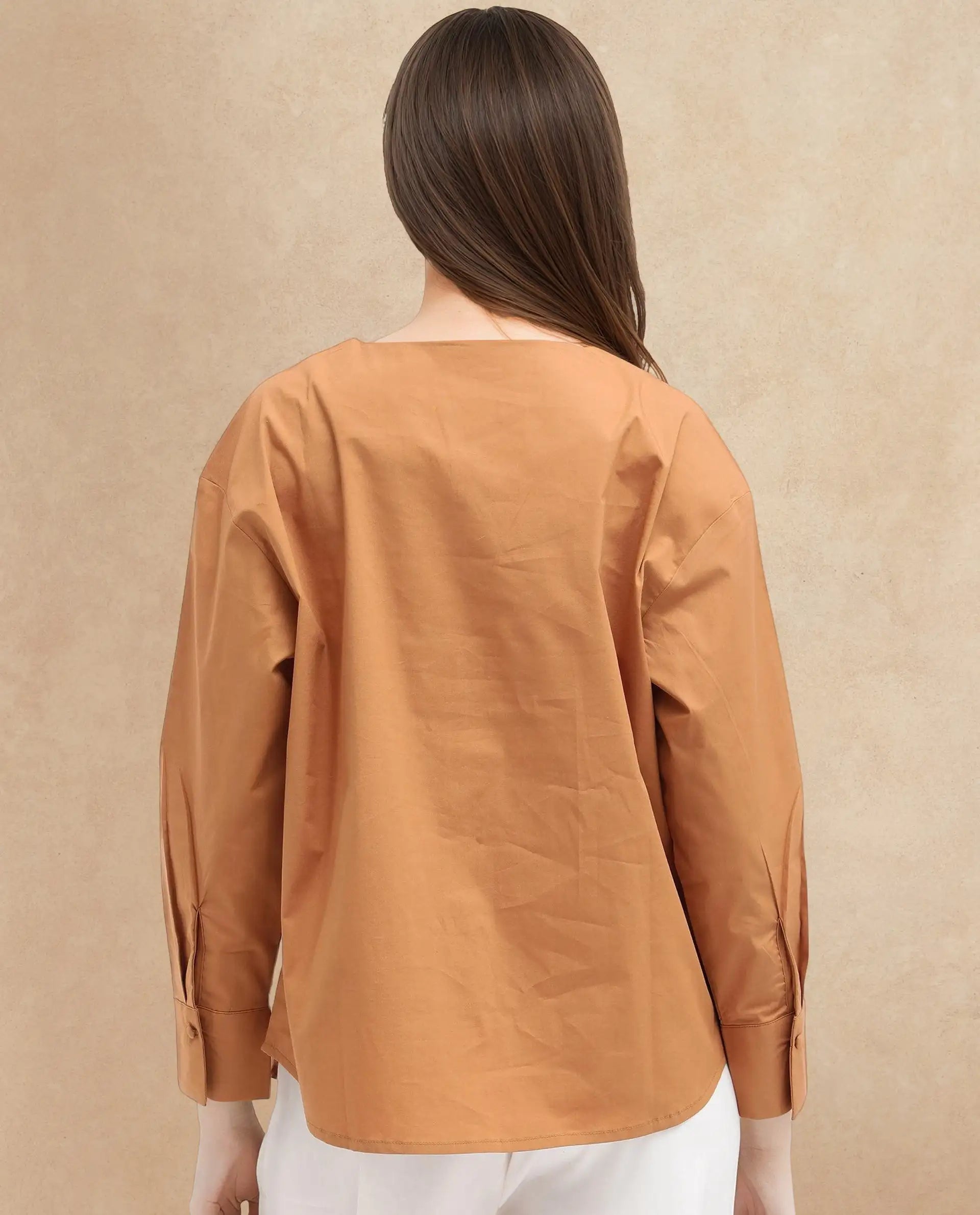 Rareism Women Nagoya Light Brown Cotton Full Sleeve Round Neck Top