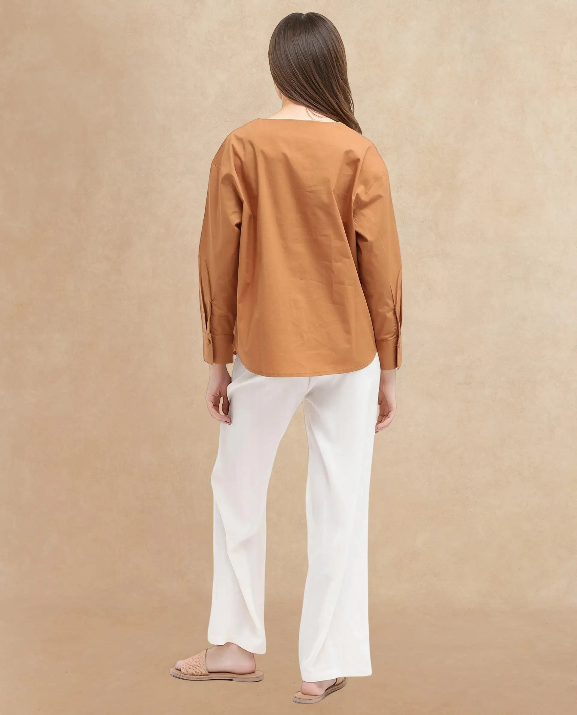 Rareism Women Nagoya Light Brown Cotton Full Sleeve Round Neck Top