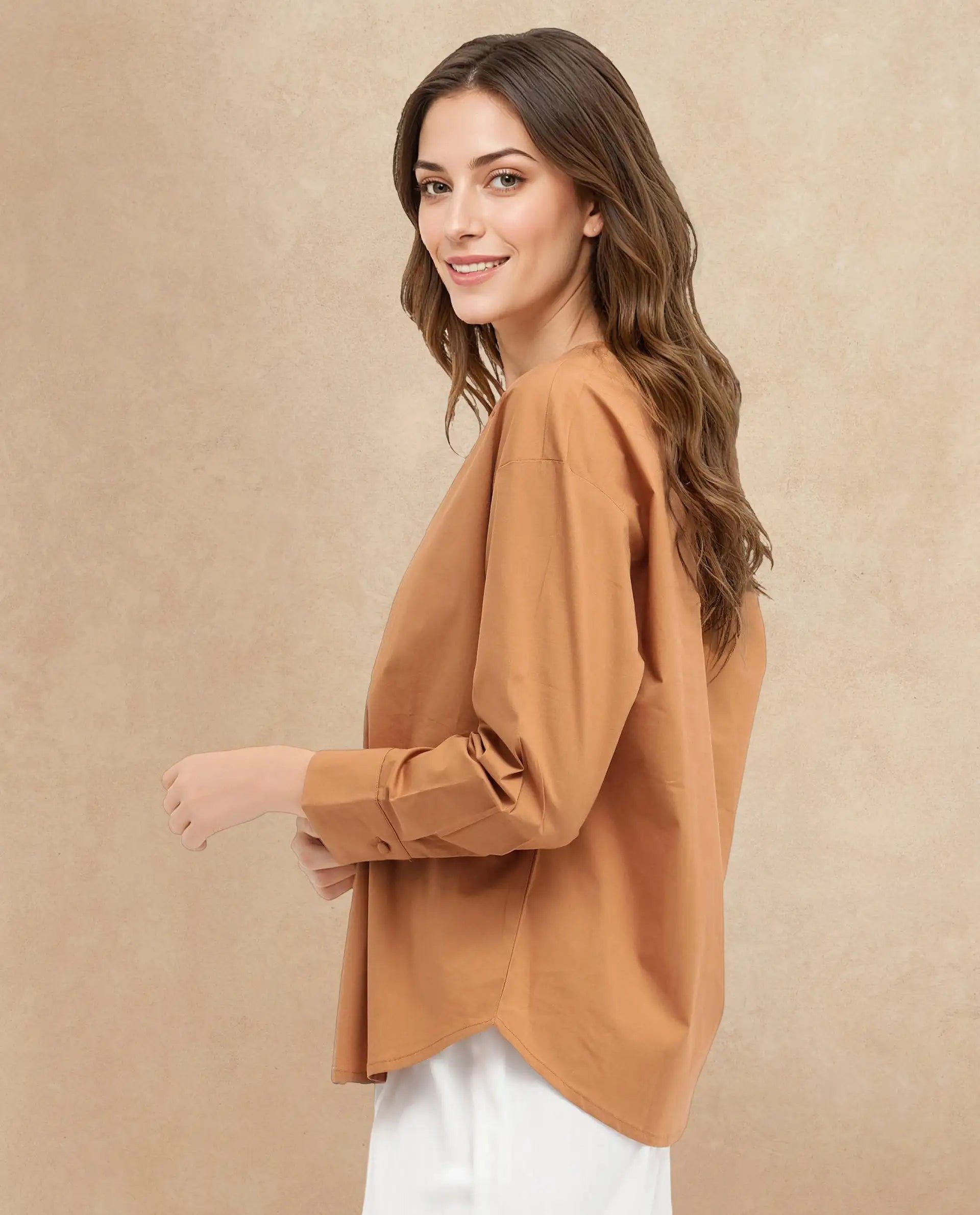 Rareism Women Nagoya Light Brown Cotton Full Sleeve Round Neck Top