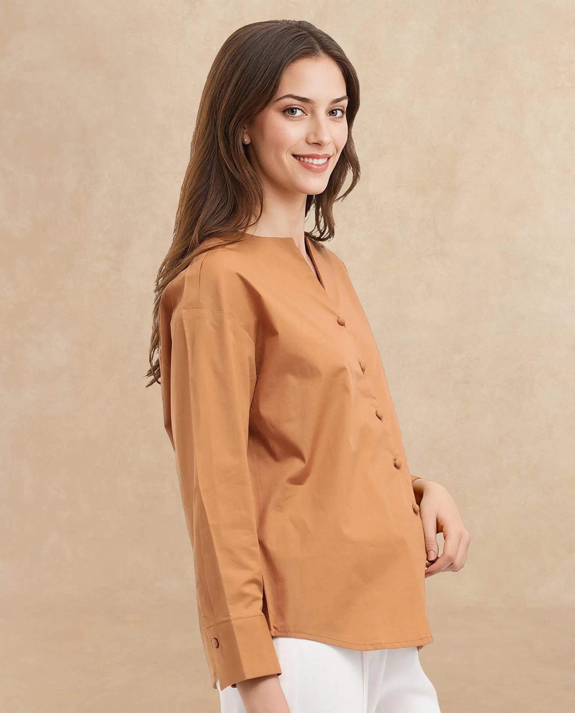 Rareism Women Nagoya Light Brown Cotton Full Sleeve Round Neck Top