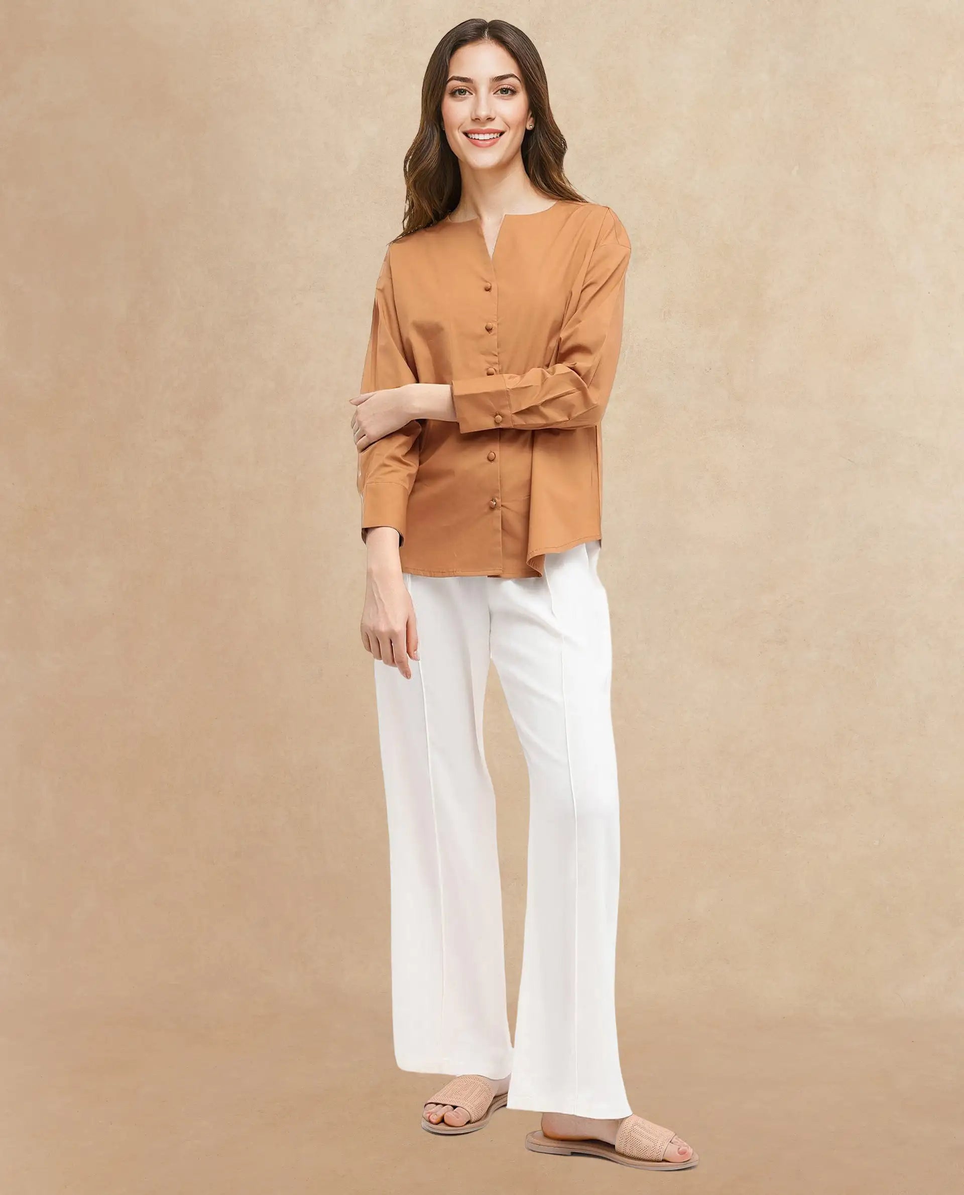 Rareism Women Nagoya Light Brown Cotton Full Sleeve Round Neck Top