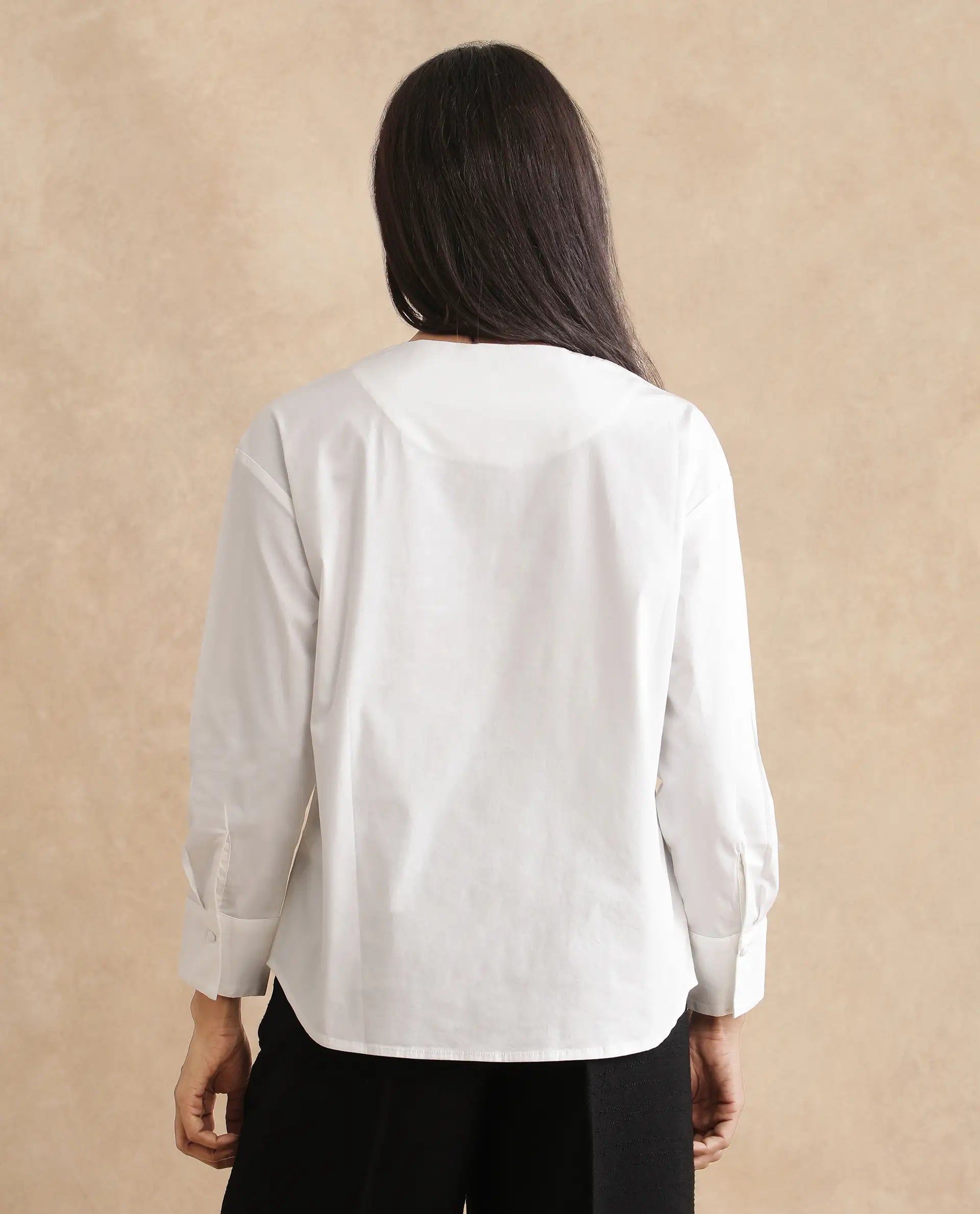 Rareism Women Nagoya White Cuffed Sleeve Round Neck Button Plain Top