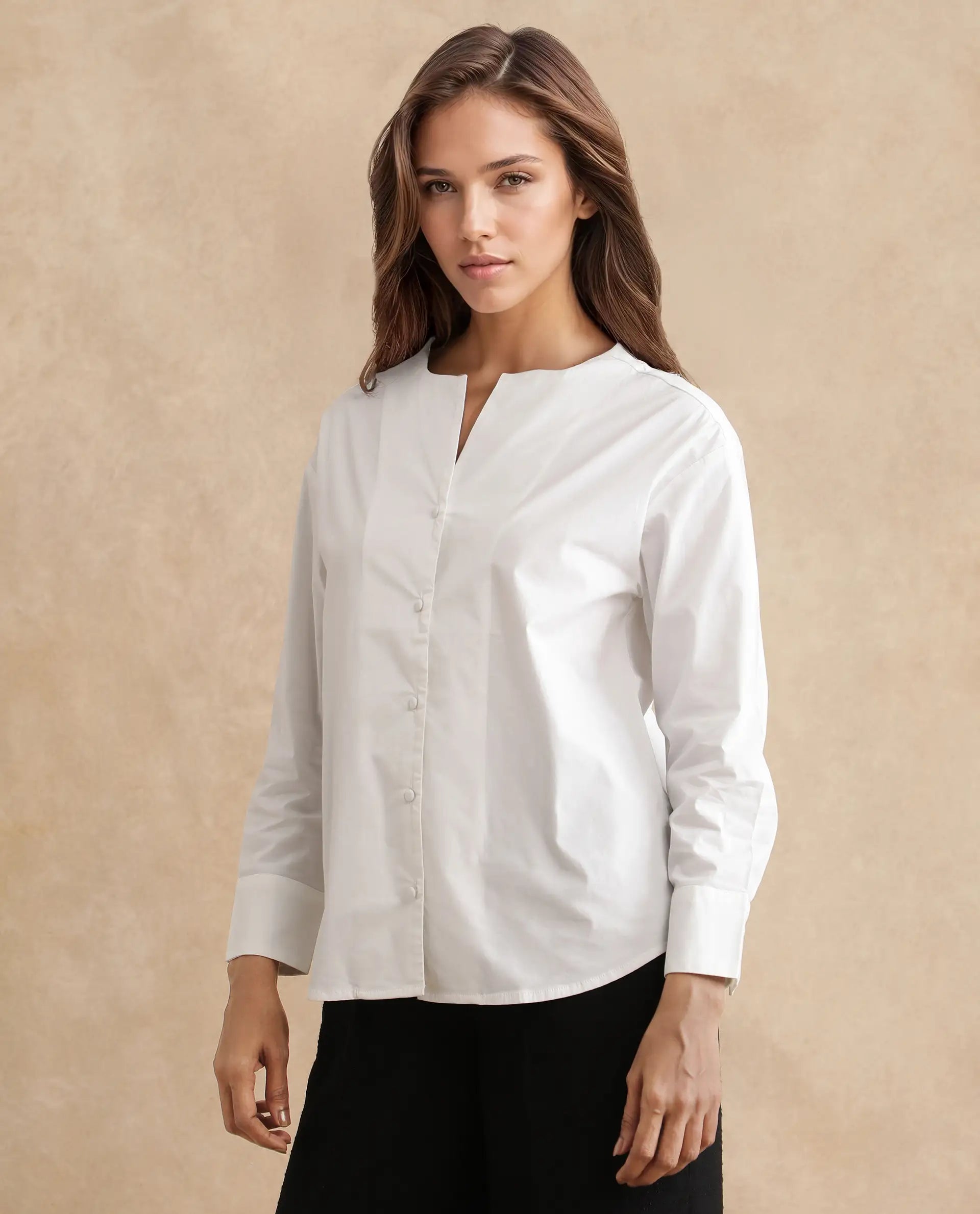 Rareism Women Nagoya White Cuffed Sleeve Round Neck Button Plain Top