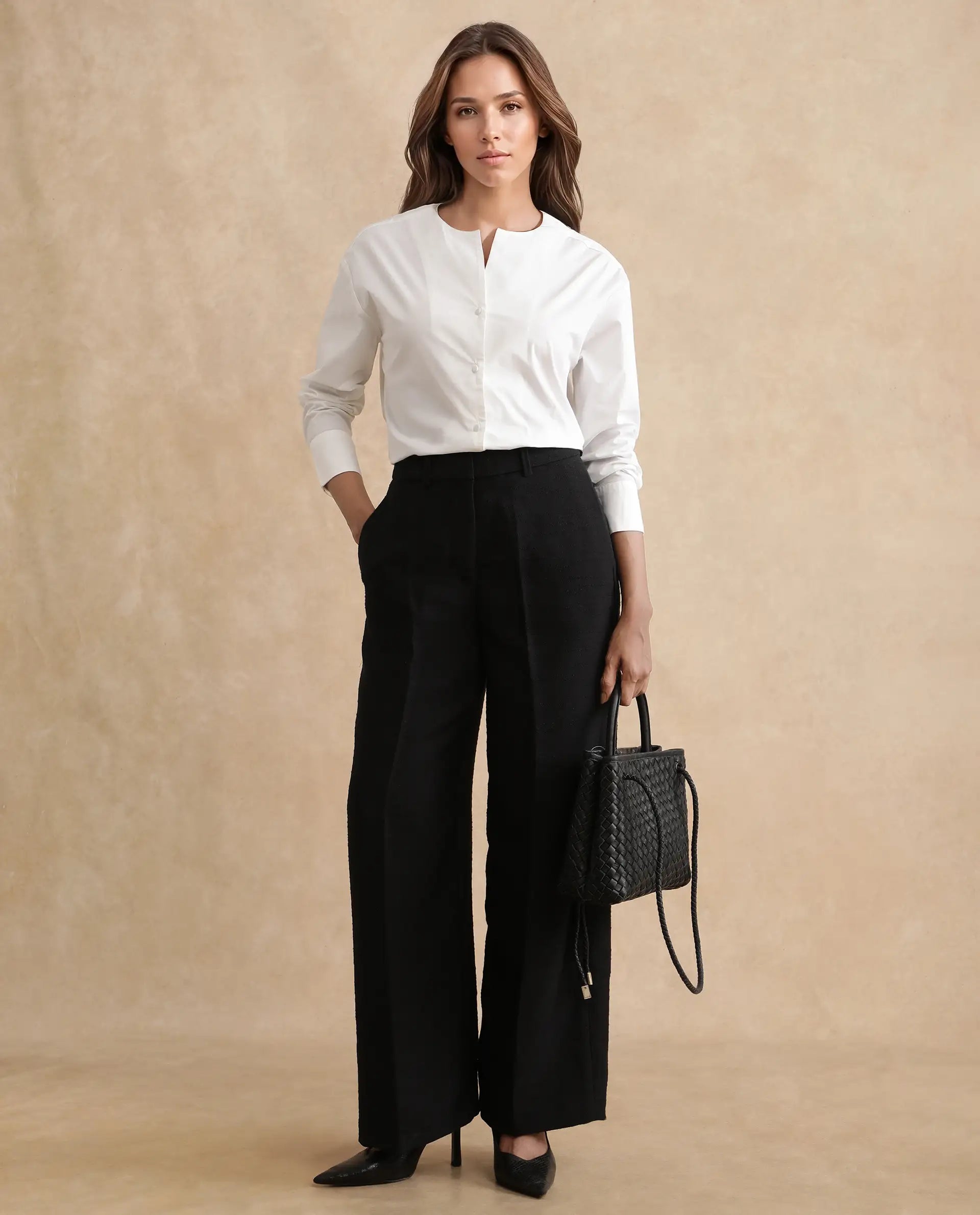 Rareism Women Nagoya White Cuffed Sleeve Round Neck Button Plain Top