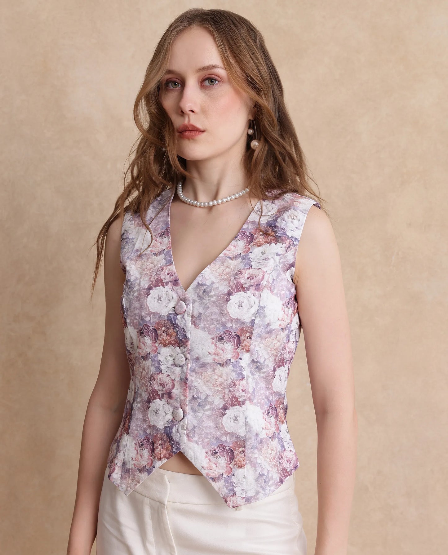 Rareism Women Nantes Light Multi Sleeveless V-Neck Fitted Floral Print Top