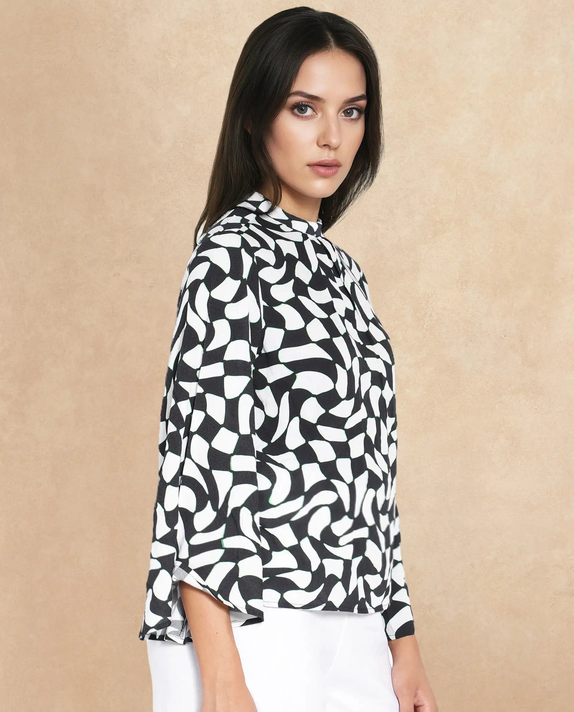 Rareism Women Napleo Black Bell Sleeves High Neck Button Geometric Print Top