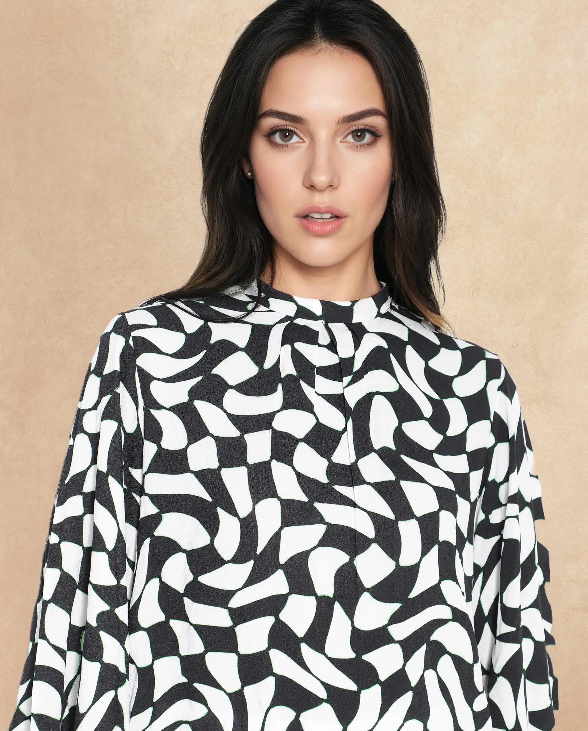 Rareism Women Napleo Black Bell Sleeves High Neck Button Geometric Print Top