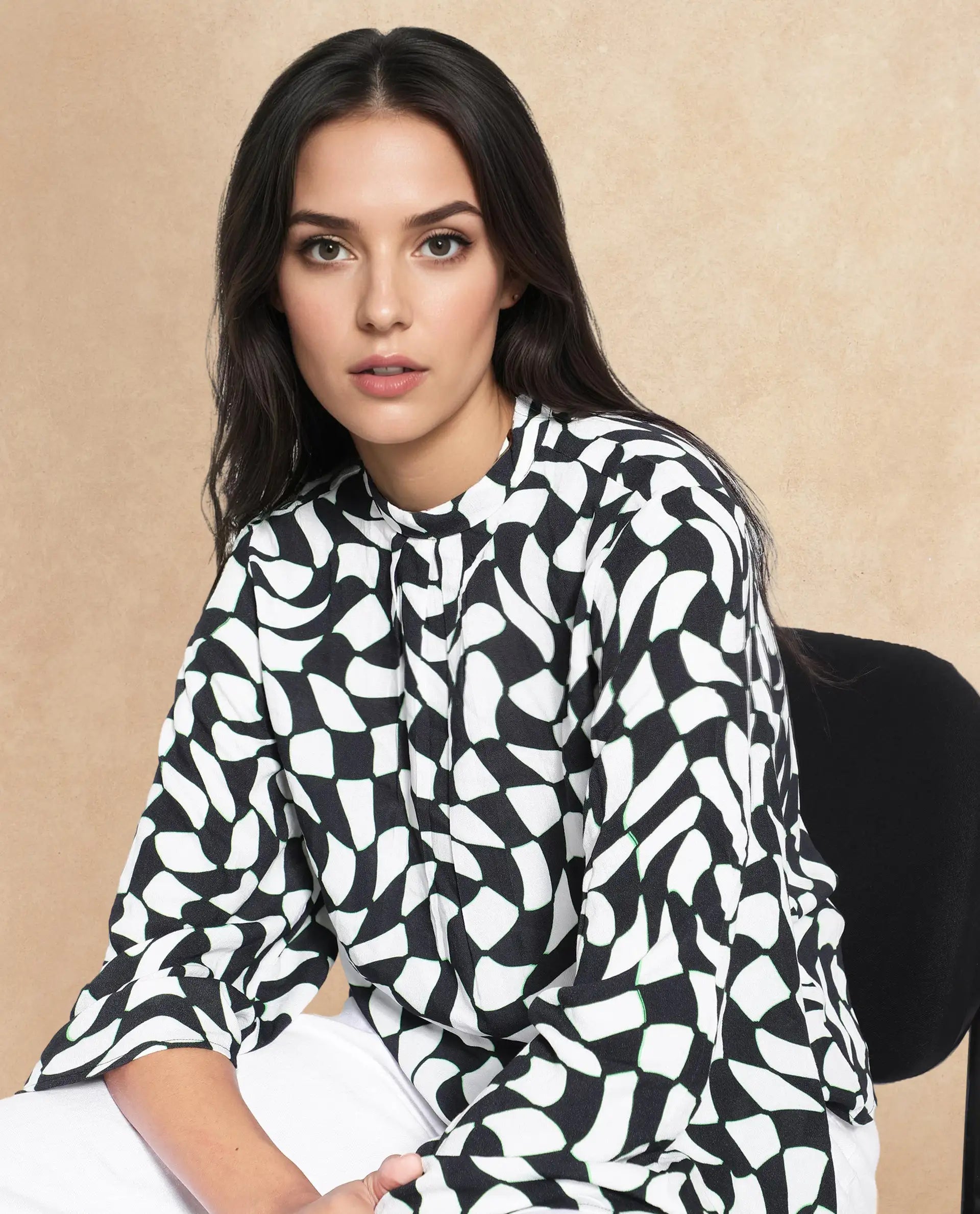 Rareism Women Napleo Black Bell Sleeves High Neck Button Geometric Print Top