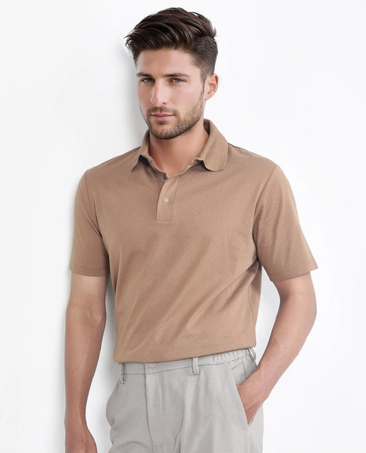 Rare Rabbit Men Nark Dusky Brown Cotton Fabric Short Sleeve Collared Neck Snap Button Plain Polo