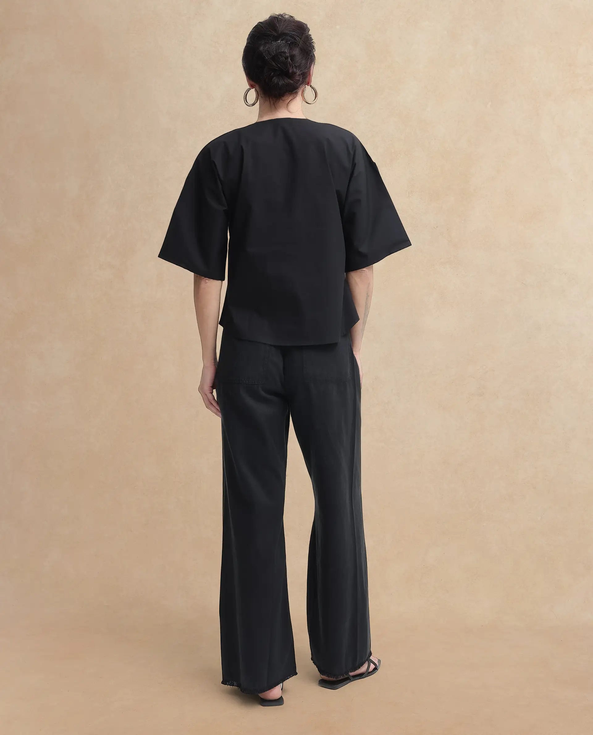 Rareism Women Naruto Black Cotton Fabric Balloon Sleeve Round Neck Solid Regular Length Top