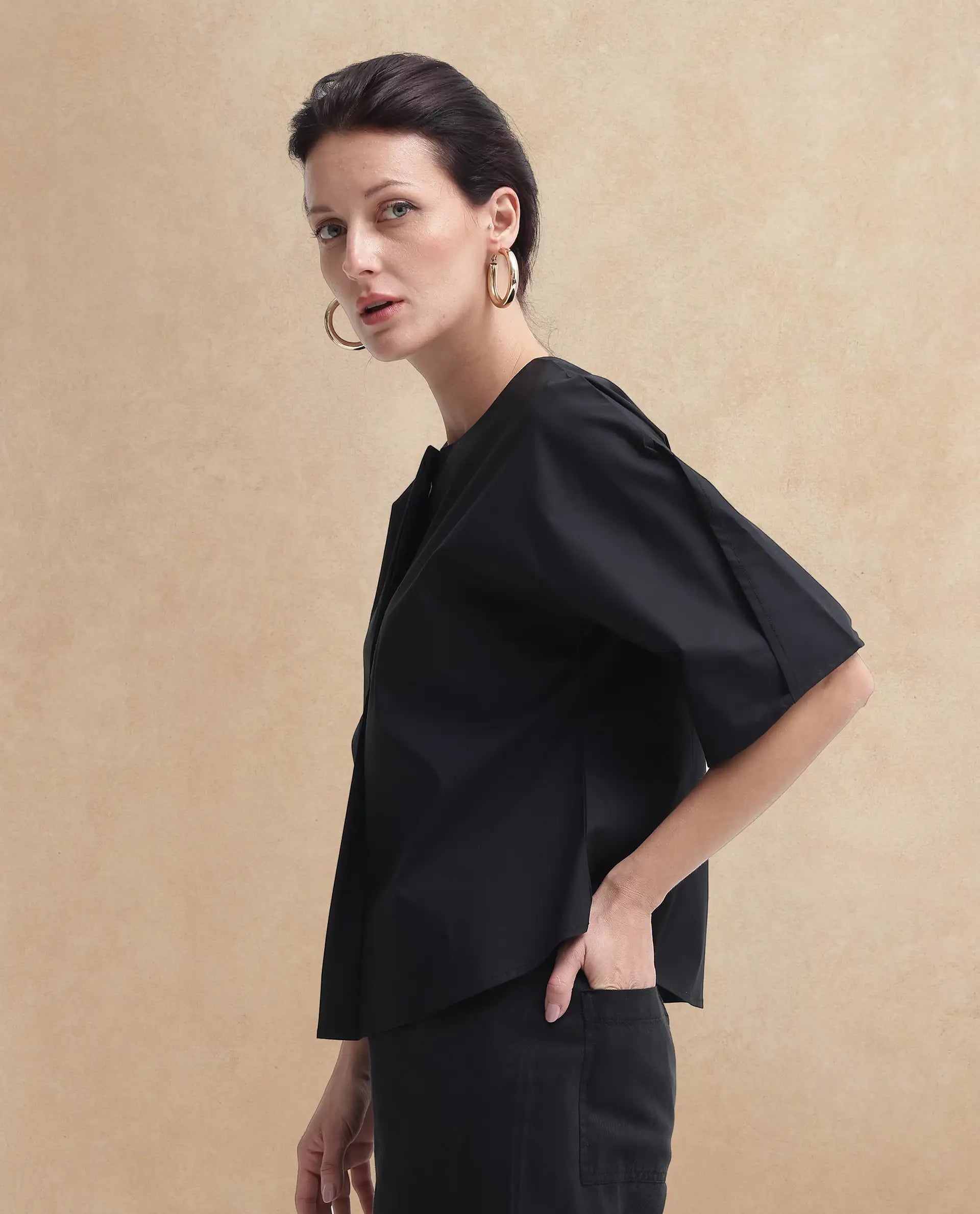 Rareism Women Naruto Black Cotton Fabric Balloon Sleeve Round Neck Solid Regular Length Top