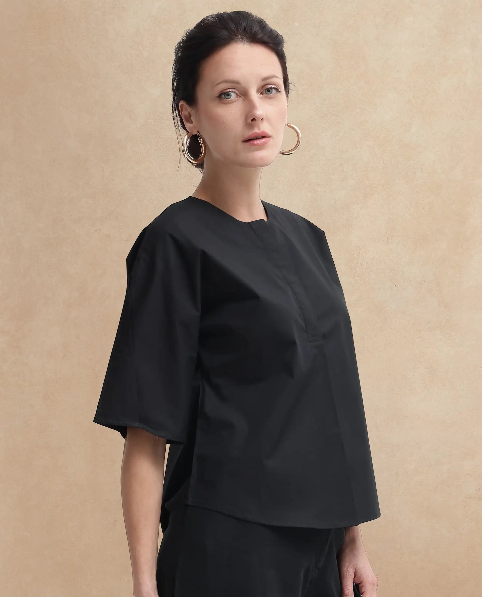 Rareism Women Naruto Black Cotton Fabric Balloon Sleeve Round Neck Solid Regular Length Top