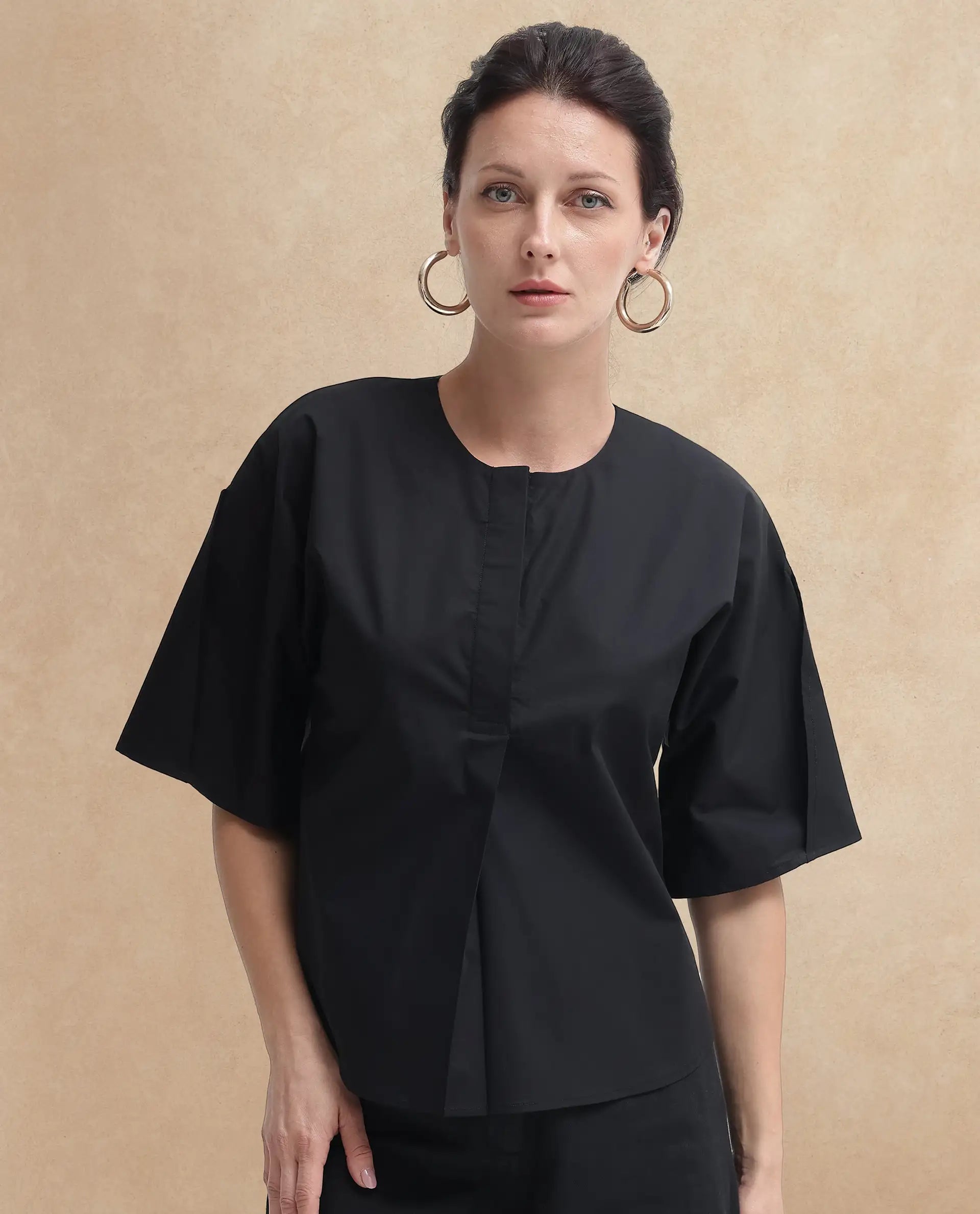 Rareism Women Naruto Black Cotton Fabric Balloon Sleeve Round Neck Solid Regular Length Top