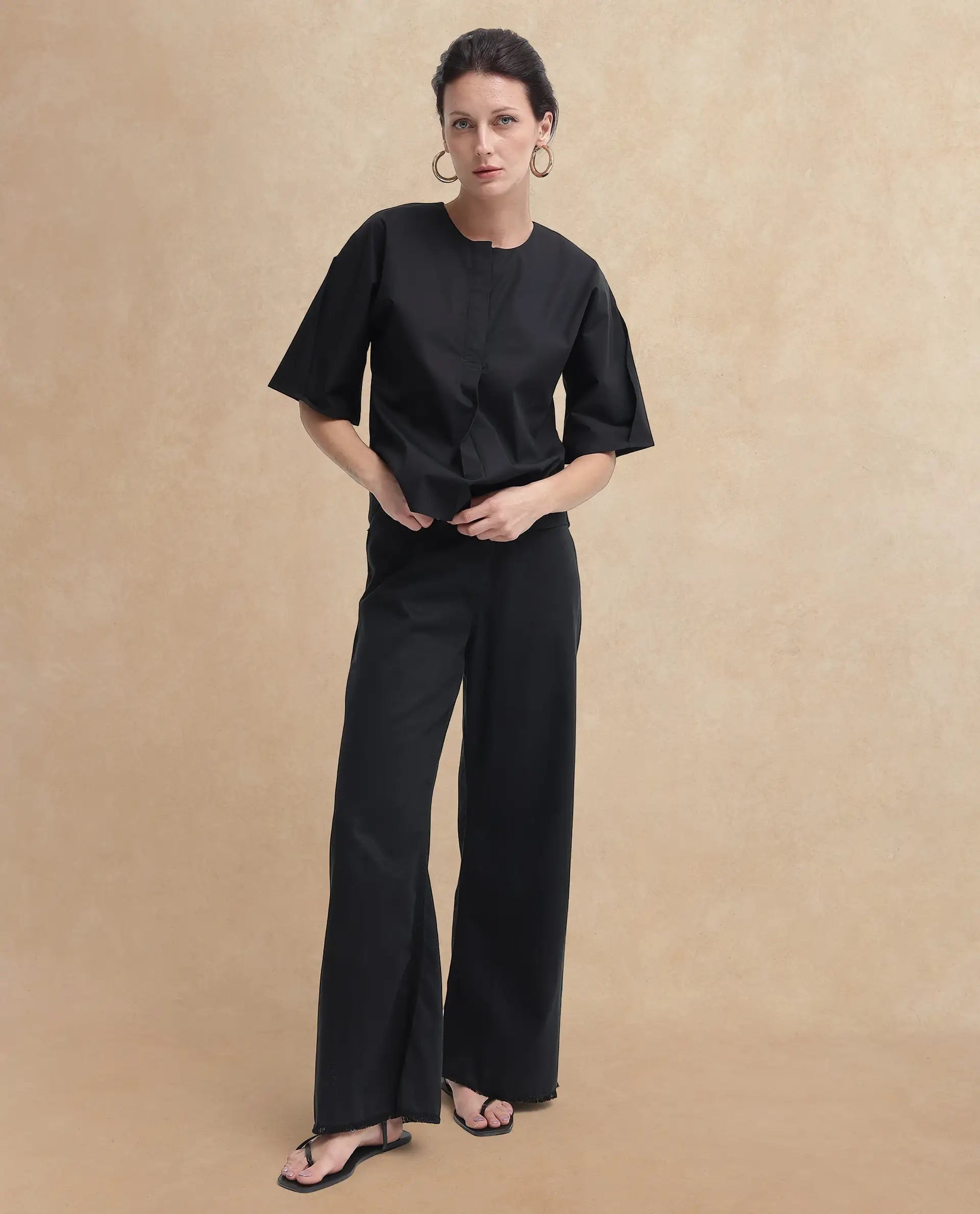 Rareism Women Naruto Black Cotton Fabric Balloon Sleeve Round Neck Solid Regular Length Top