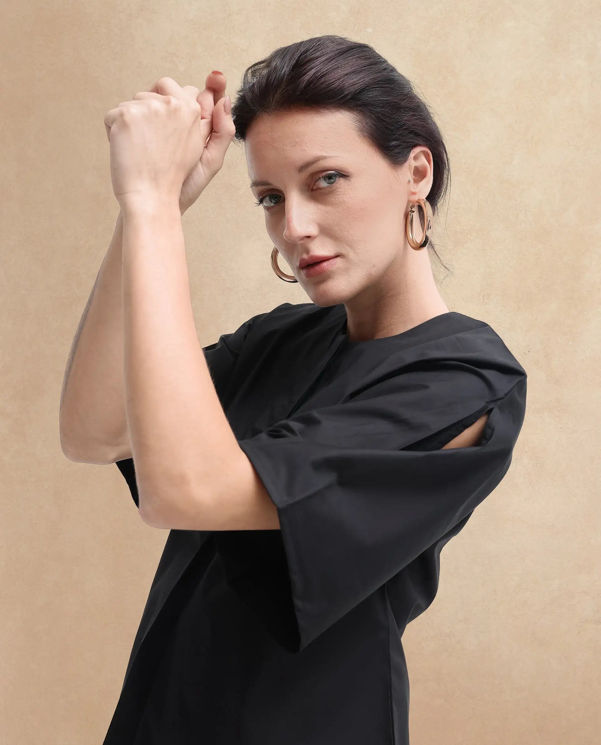 Rareism Women Naruto Black Cotton Fabric Balloon Sleeve Round Neck Solid Regular Length Top