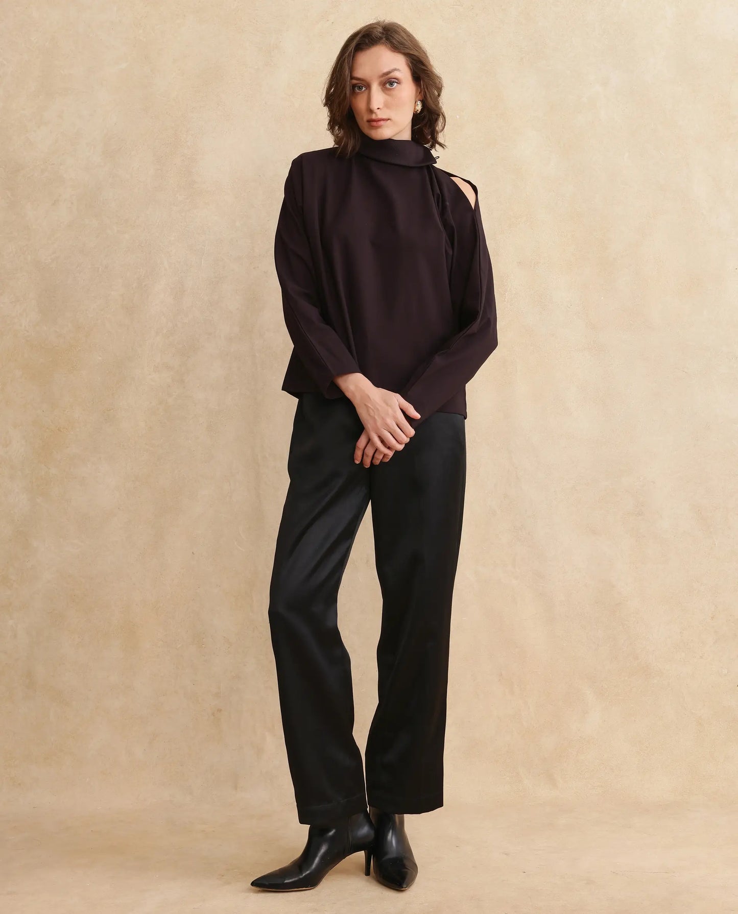 Rareism Women Natta Rust Regular Sleeve High Neck Regular Fit Plain Top