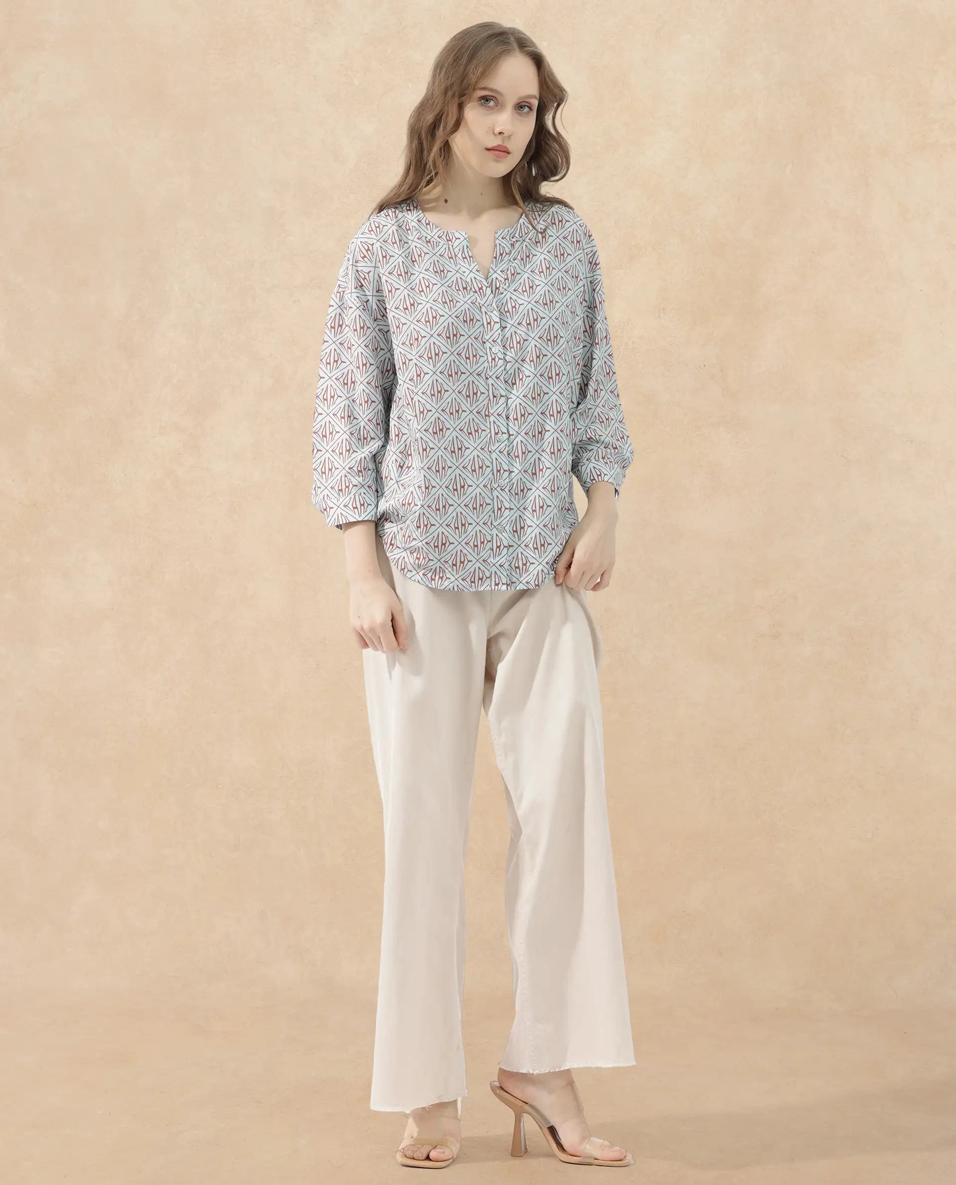 Rareism Women Nector Blue Viscose Fabric Regular Sleeves Collared Neck Digital Print Regular Length Top