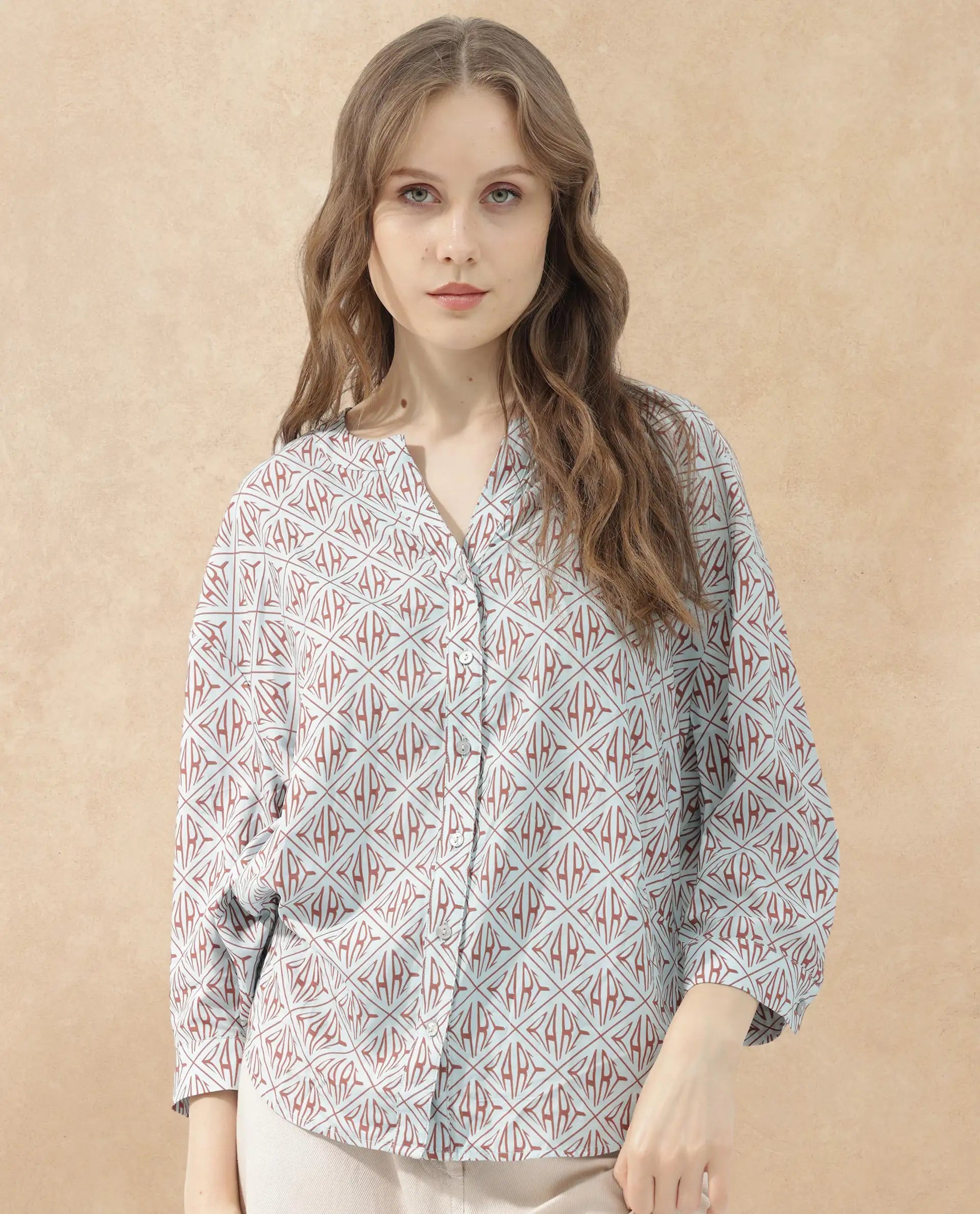 Rareism Women Nector Blue Viscose Fabric Regular Sleeves Collared Neck Digital Print Regular Length Top