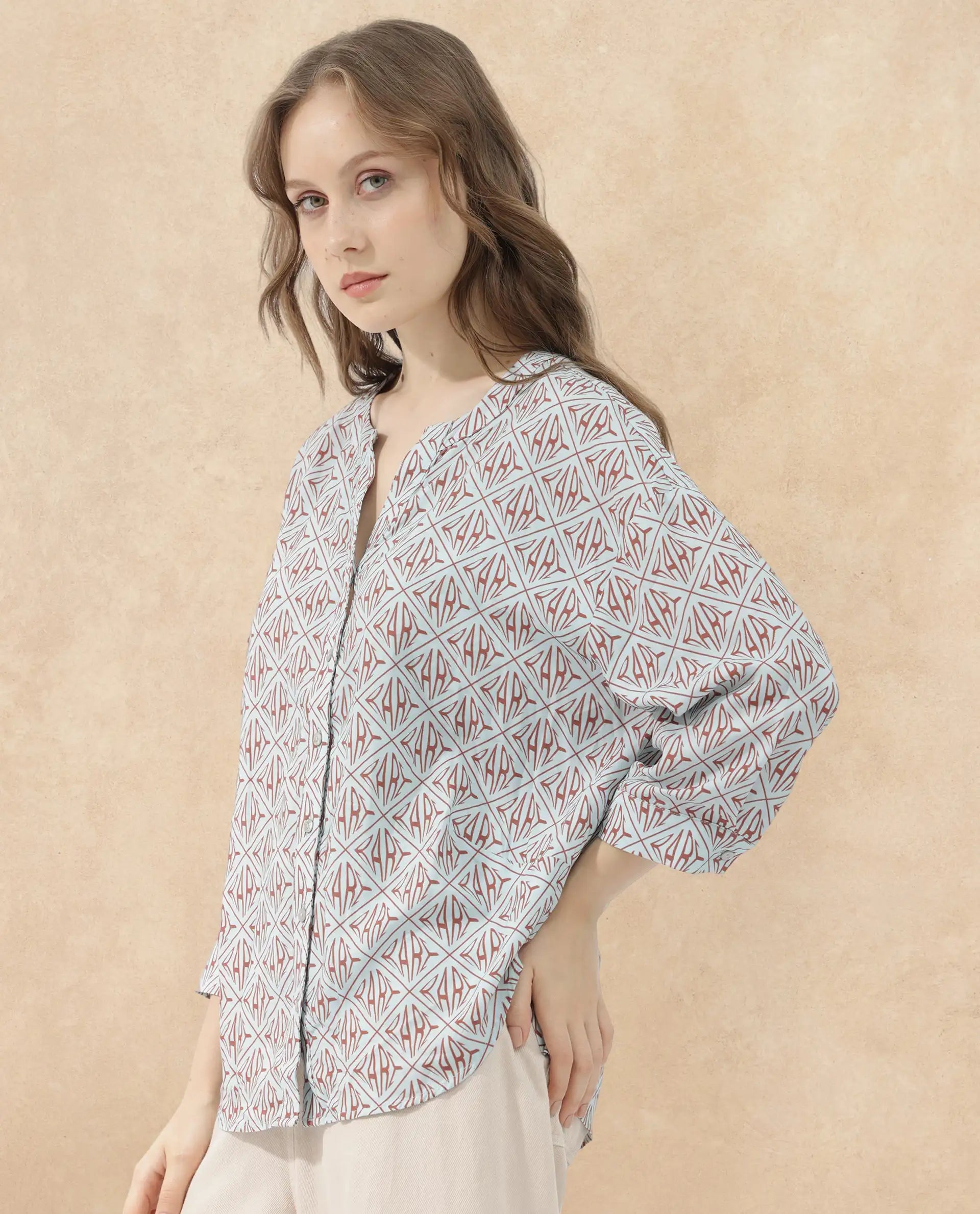 Rareism Women Nector Blue Viscose Fabric Regular Sleeves Collared Neck Digital Print Regular Length Top