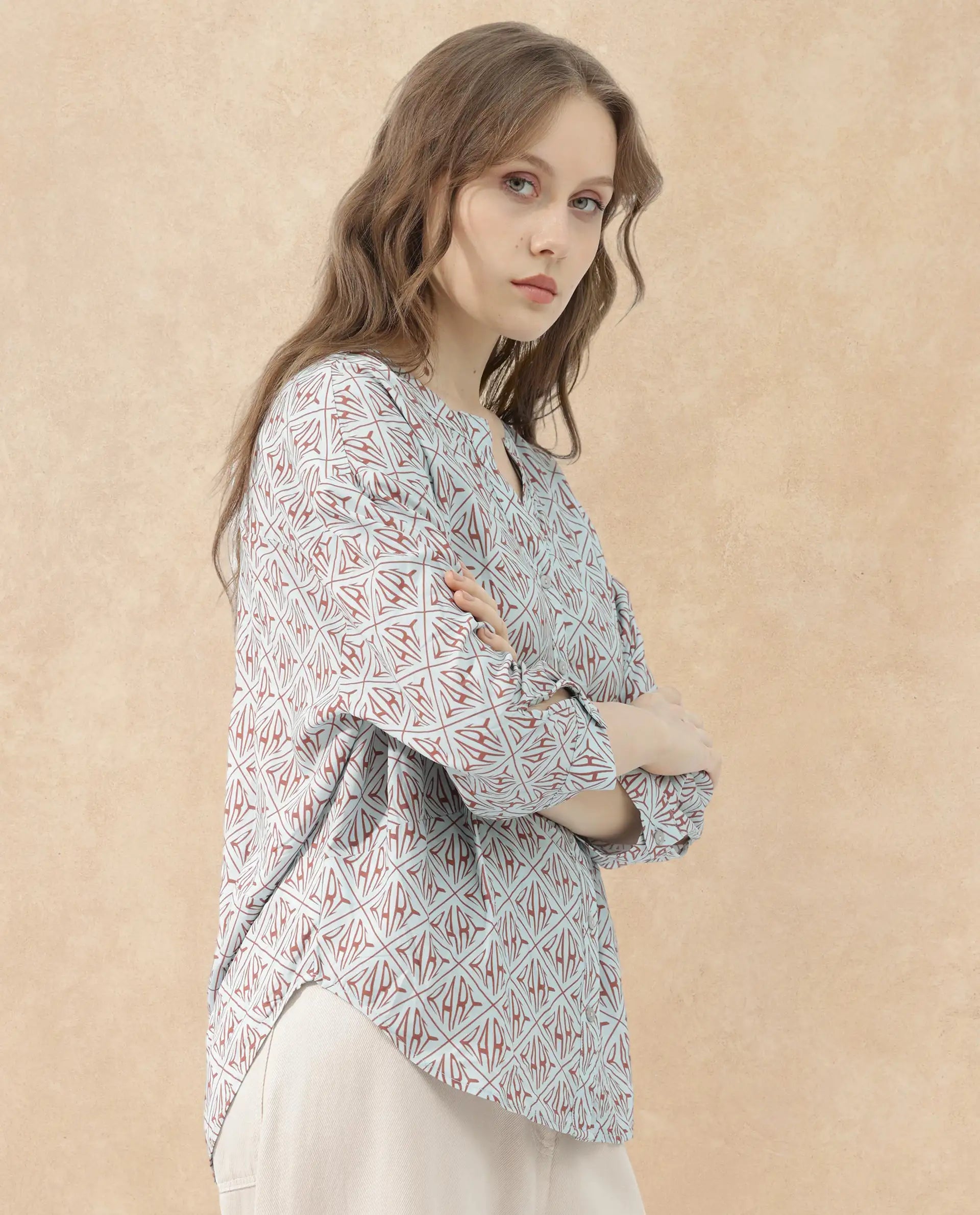 Rareism Women Nector Blue Viscose Fabric Regular Sleeves Collared Neck Digital Print Regular Length Top