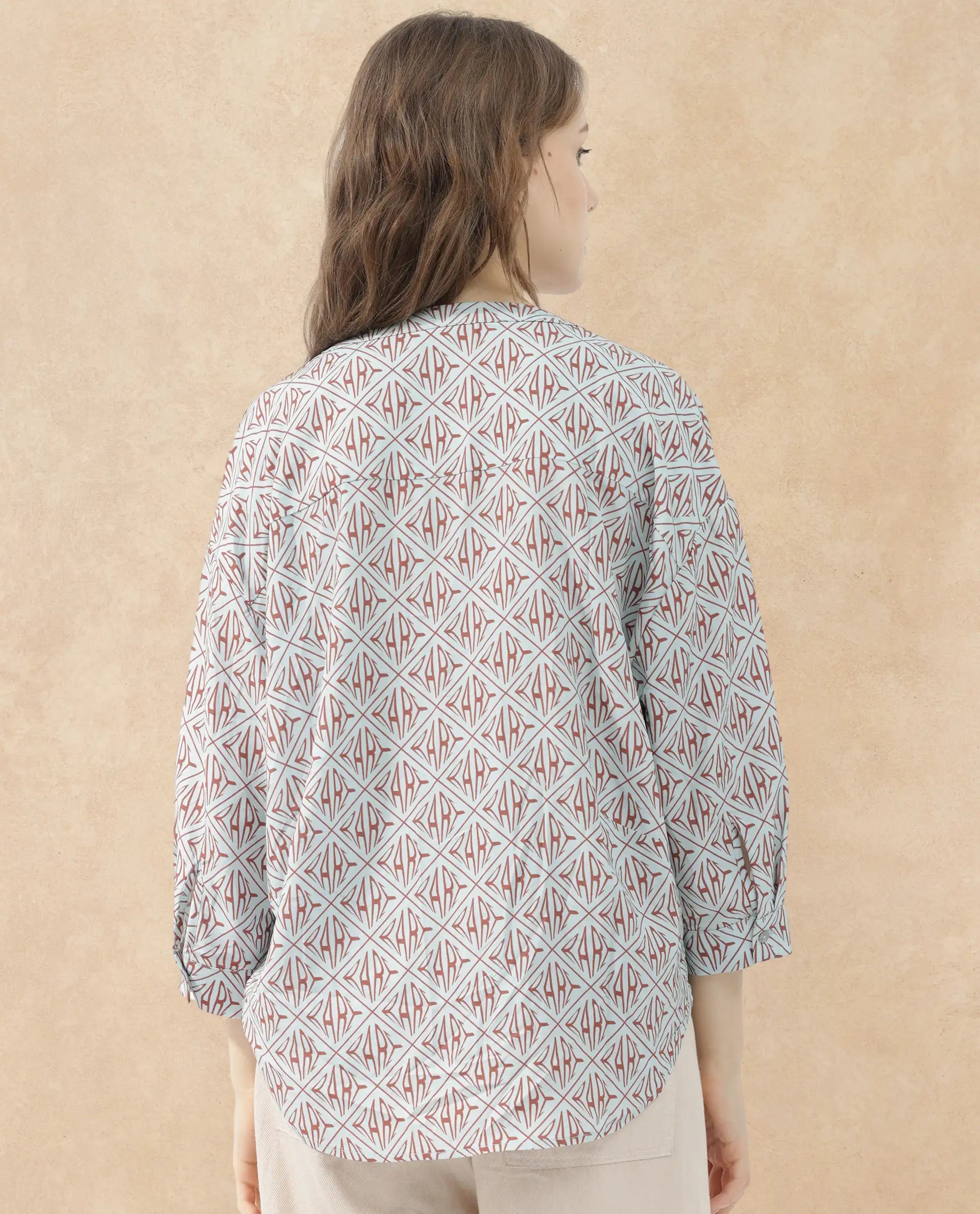 Rareism Women Nector Blue Viscose Fabric Regular Sleeves Collared Neck Digital Print Regular Length Top