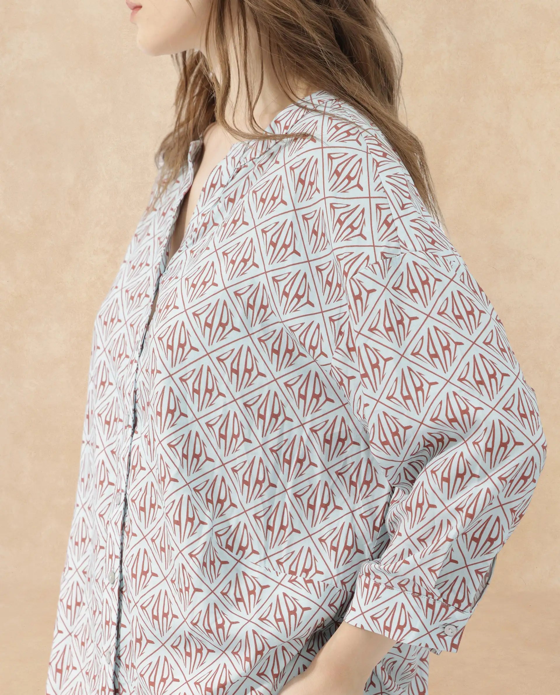 Rareism Women Nector Blue Viscose Fabric Regular Sleeves Collared Neck Digital Print Regular Length Top