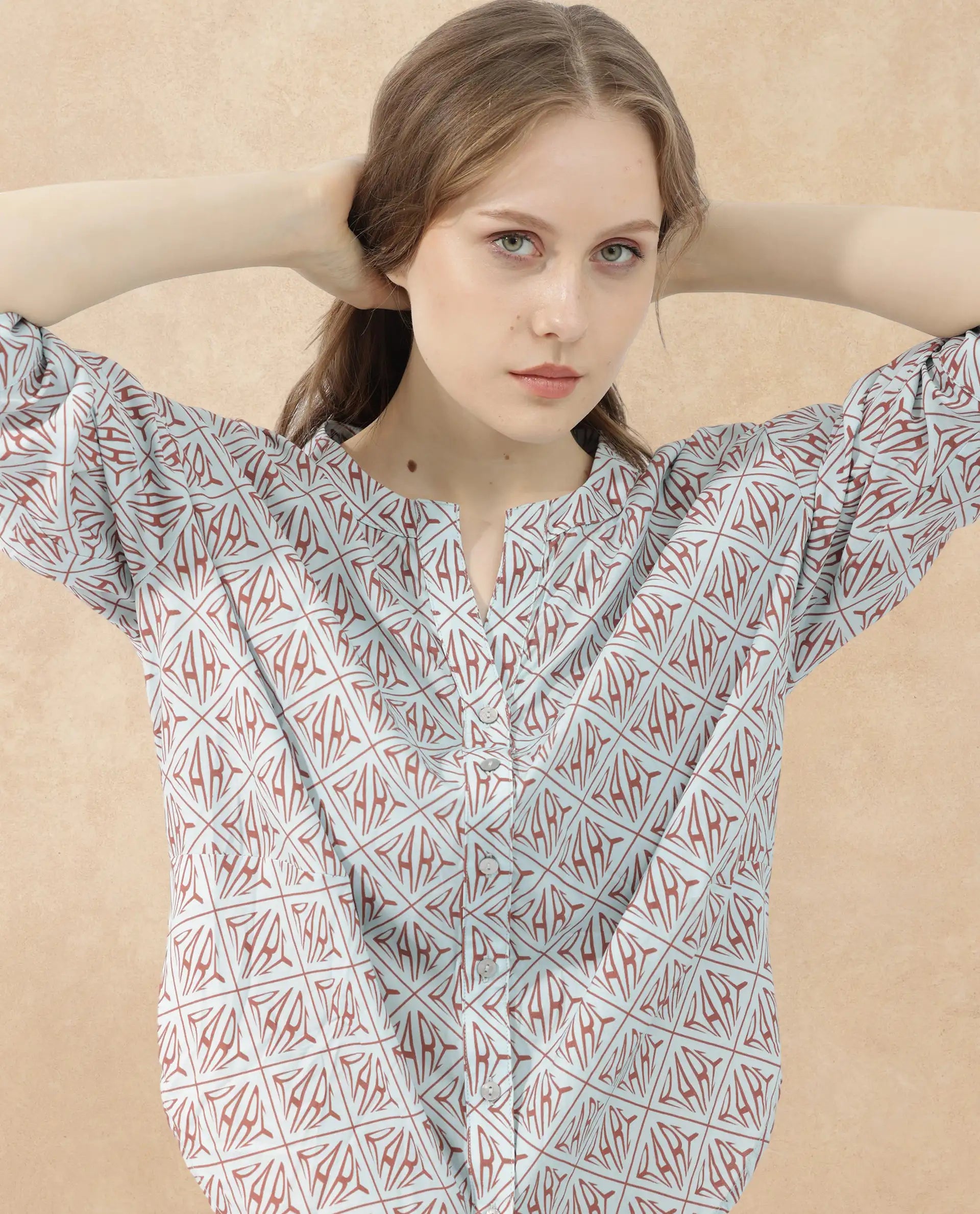 Rareism Women Nector Blue Viscose Fabric Regular Sleeves Collared Neck Digital Print Regular Length Top