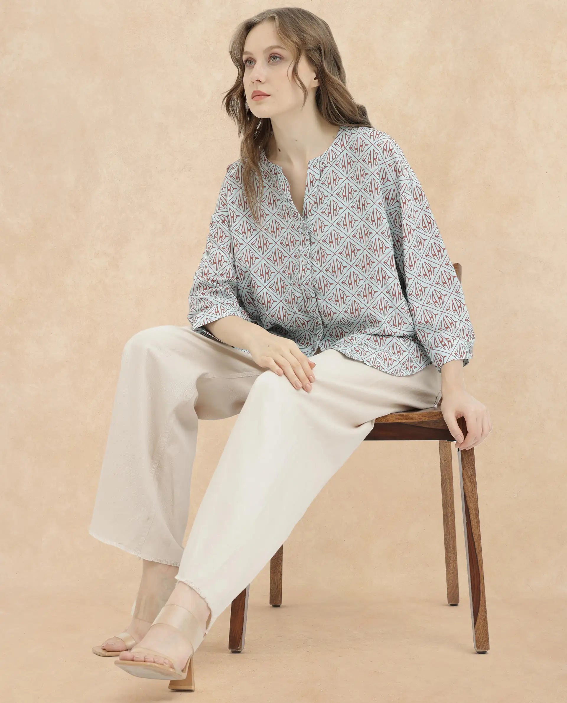 Rareism Women Nector Blue Viscose Fabric Regular Sleeves Collared Neck Digital Print Regular Length Top