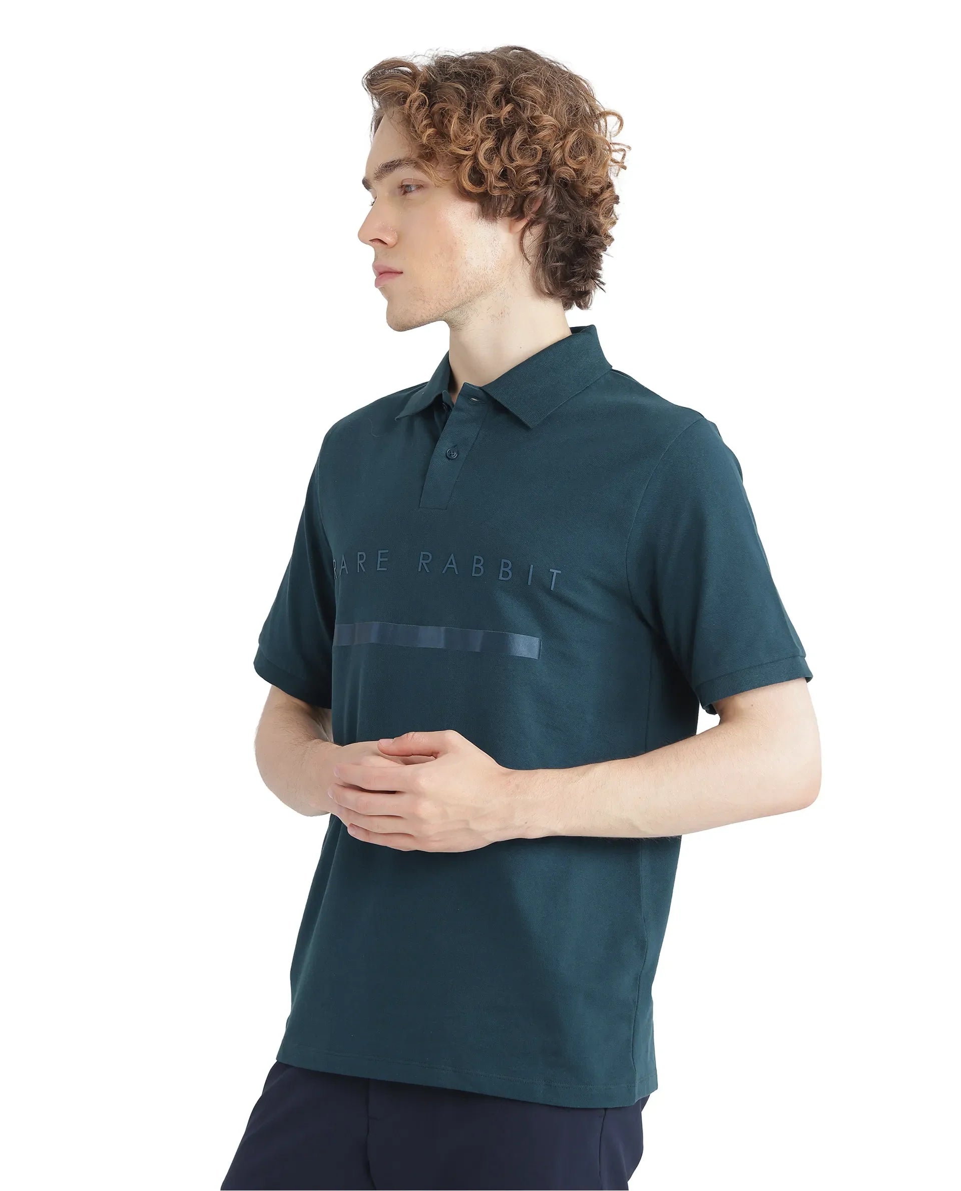 Rare Rabbit Men Nellit Dusky Teal Short Sleeve Collared Neck Plain Polo