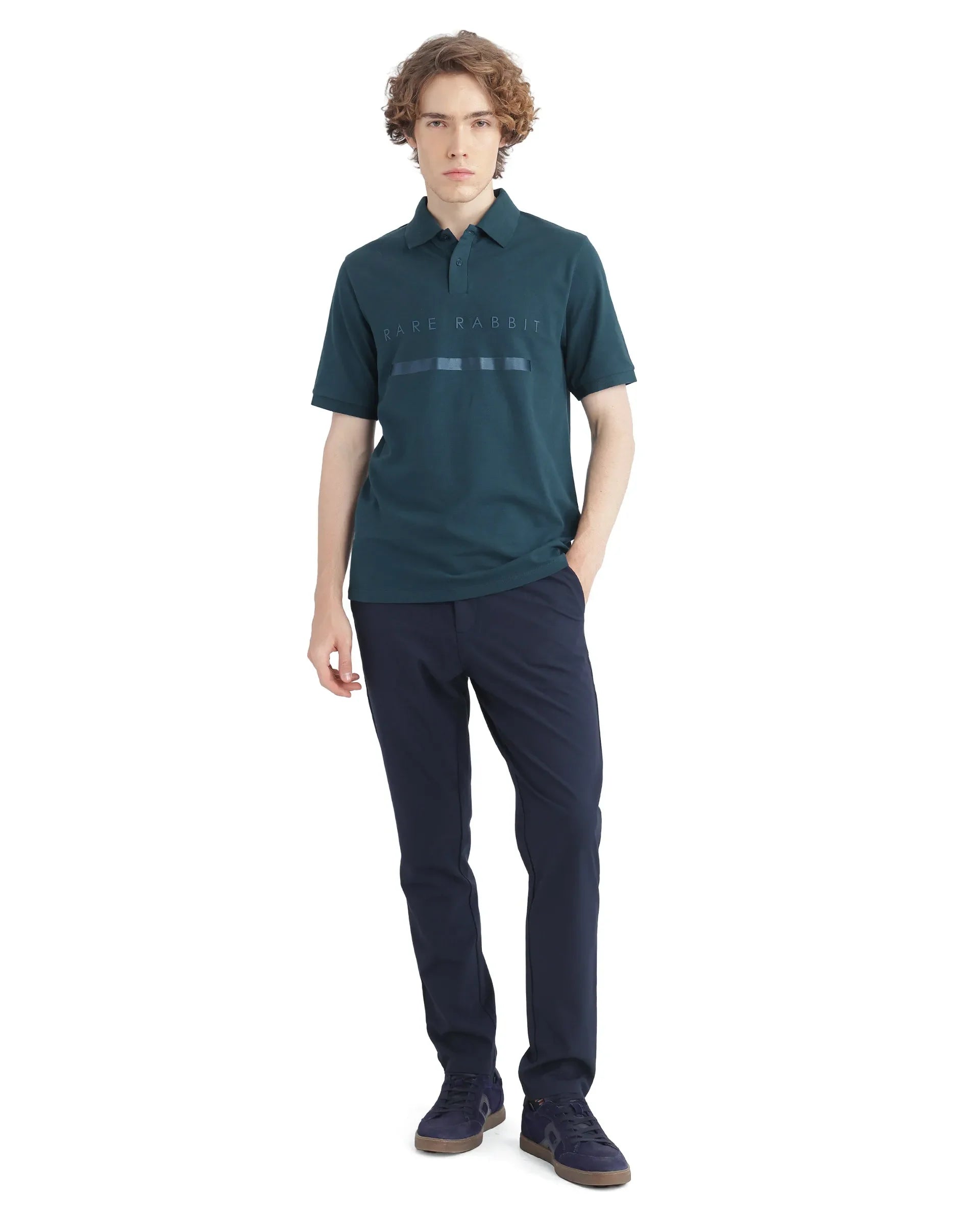 Rare Rabbit Men Nellit Dusky Teal Short Sleeve Collared Neck Plain Polo