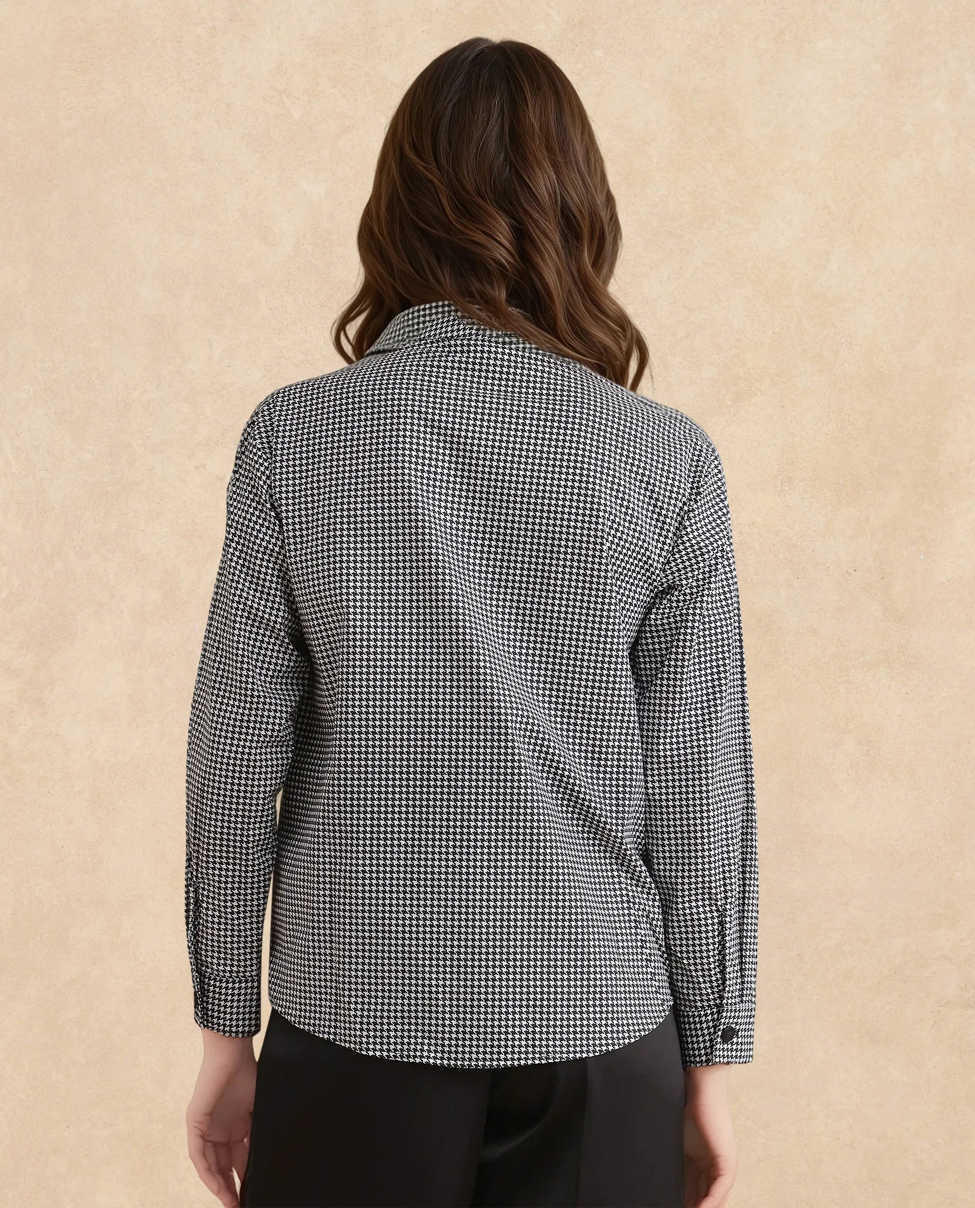 Rareism Women Neumip Multi Cotton Fabric Regular Sleeves High Neck Button Closure Houndstooth Top