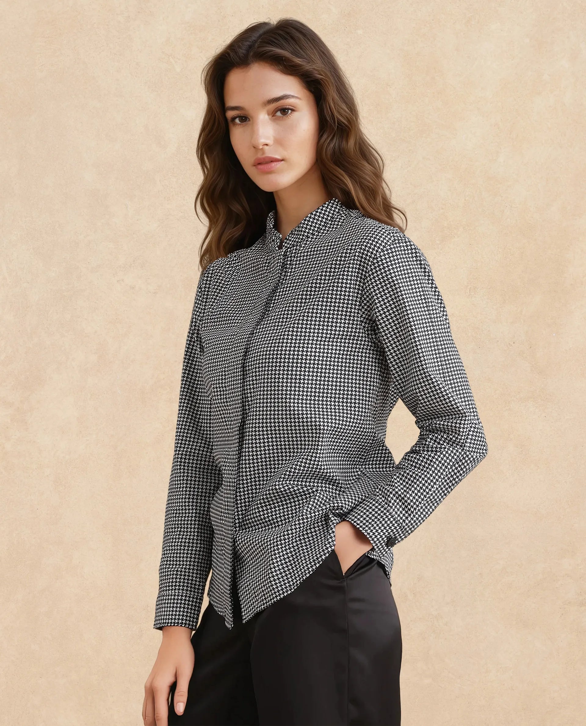 Rareism Women Neumip Multi Cotton Fabric Regular Sleeves High Neck Button Closure Houndstooth Top