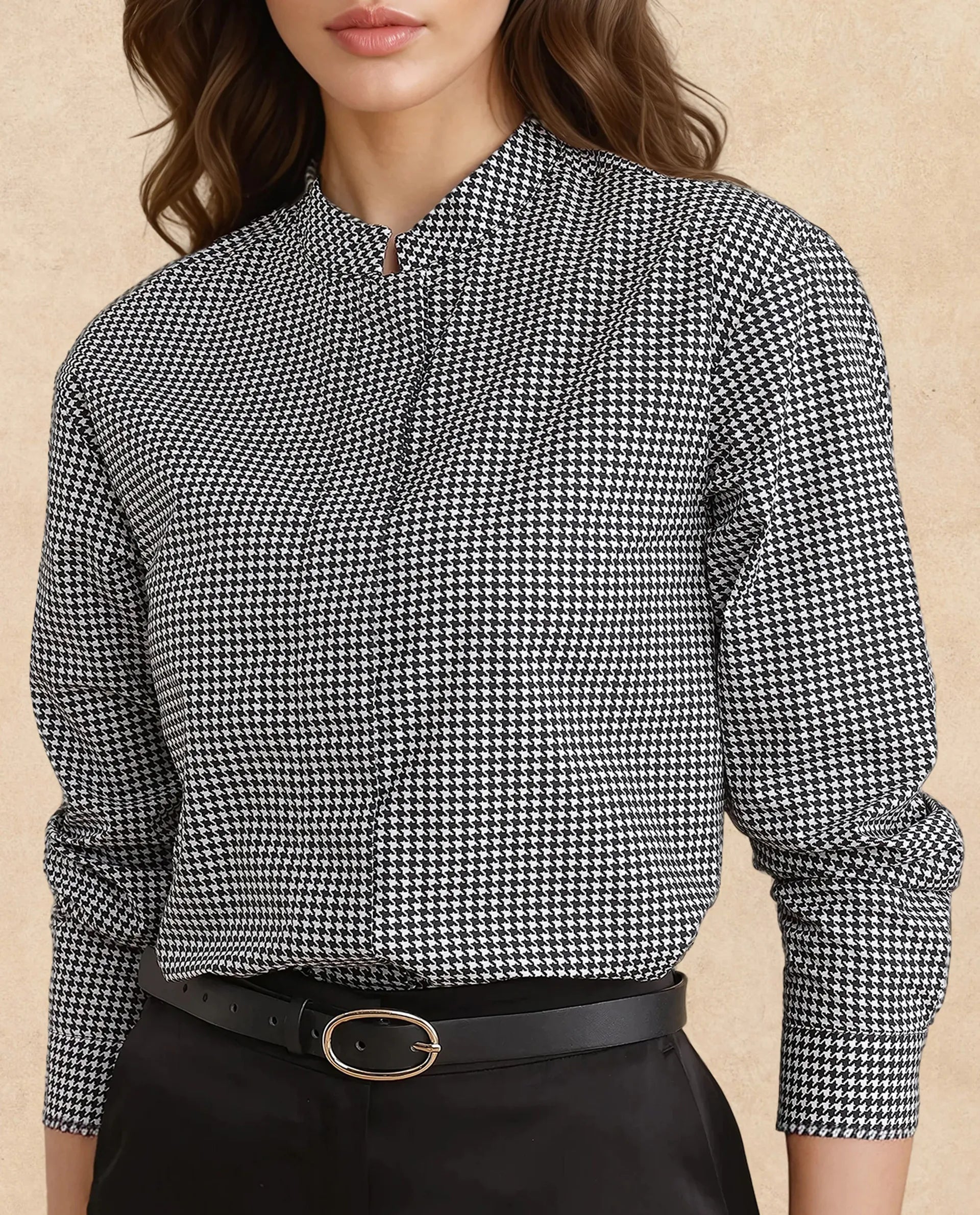 Rareism Women Neumip Multi Cotton Fabric Regular Sleeves High Neck Button Closure Houndstooth Top