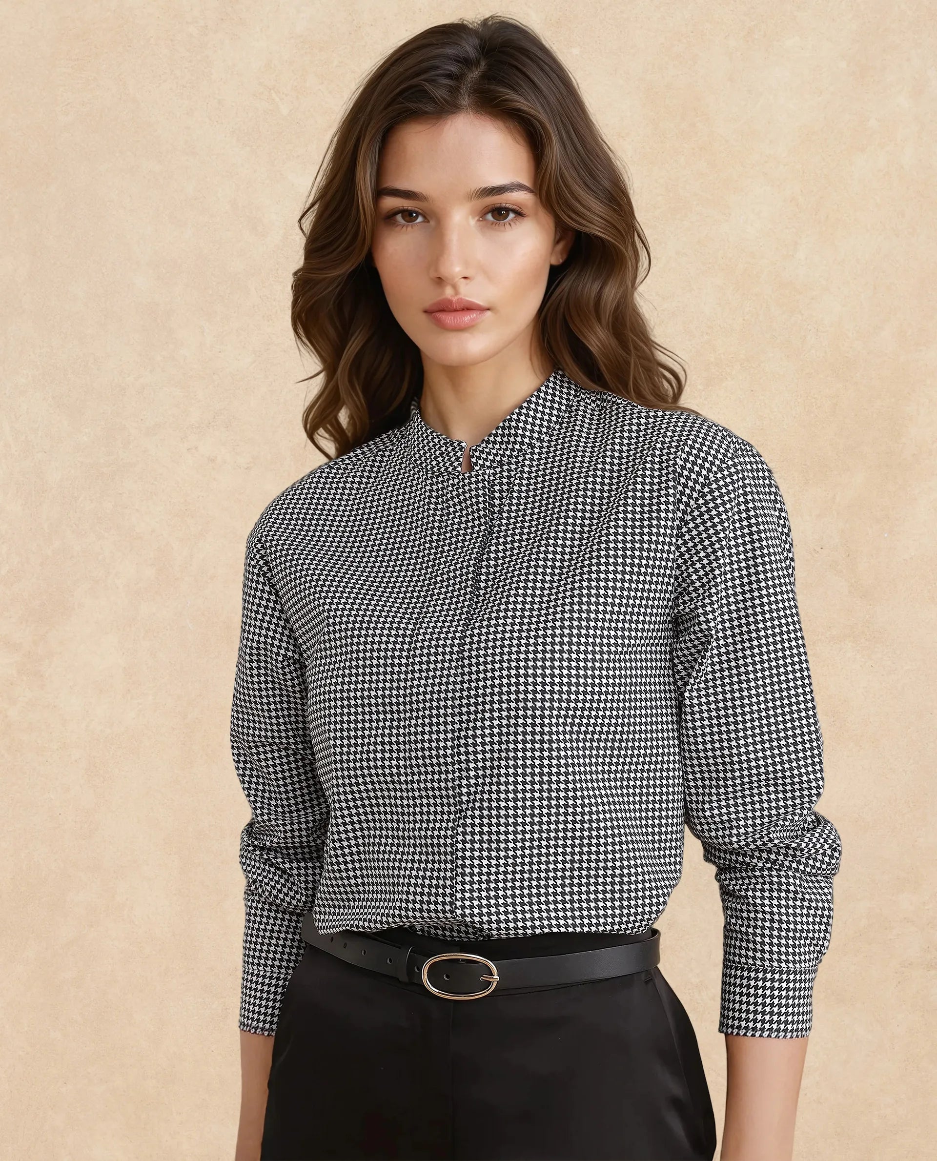 Rareism Women Neumip Multi Cotton Fabric Regular Sleeves High Neck Button Closure Houndstooth Top