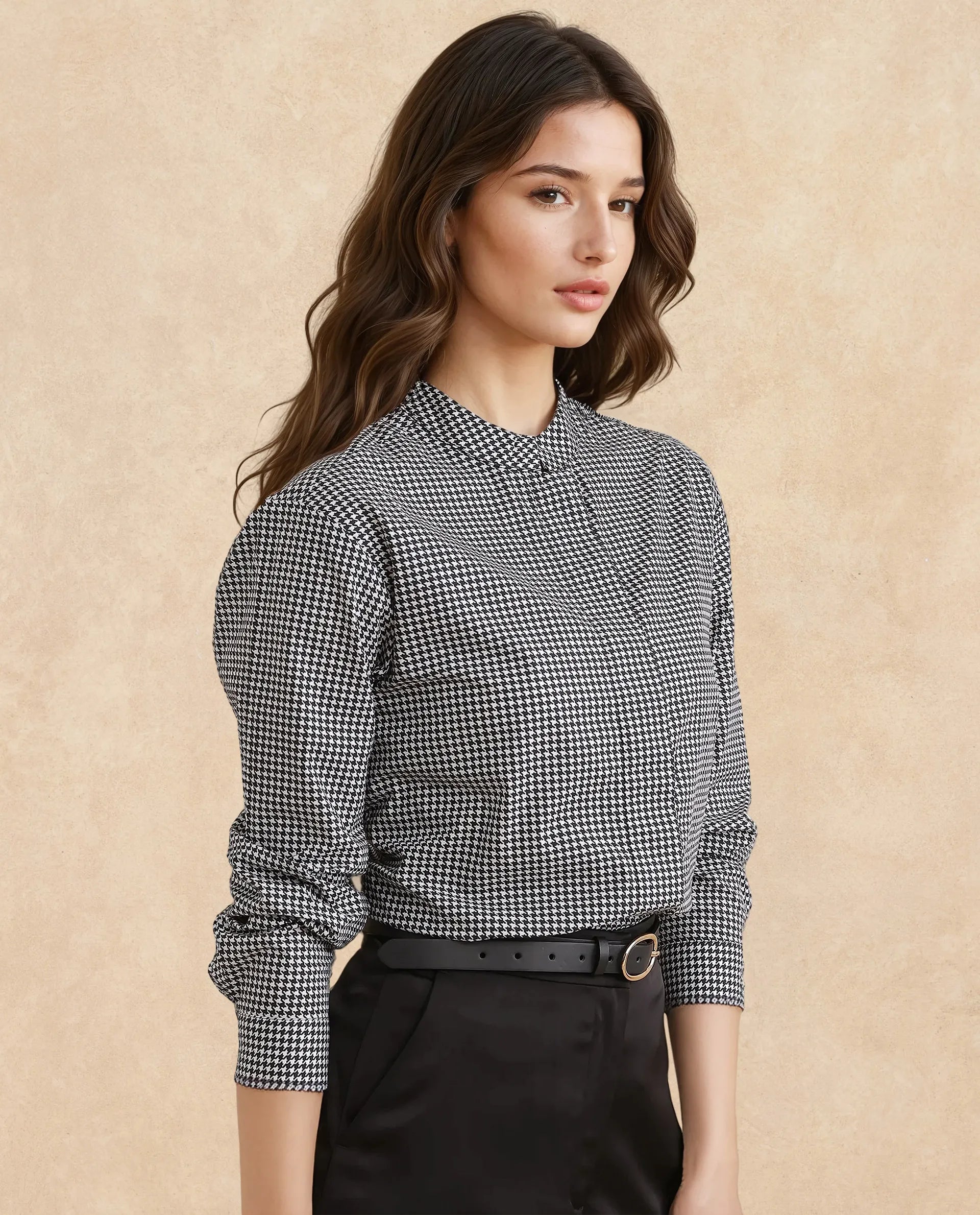 Rareism Women Neumip Multi Cotton Fabric Regular Sleeves High Neck Button Closure Houndstooth Top