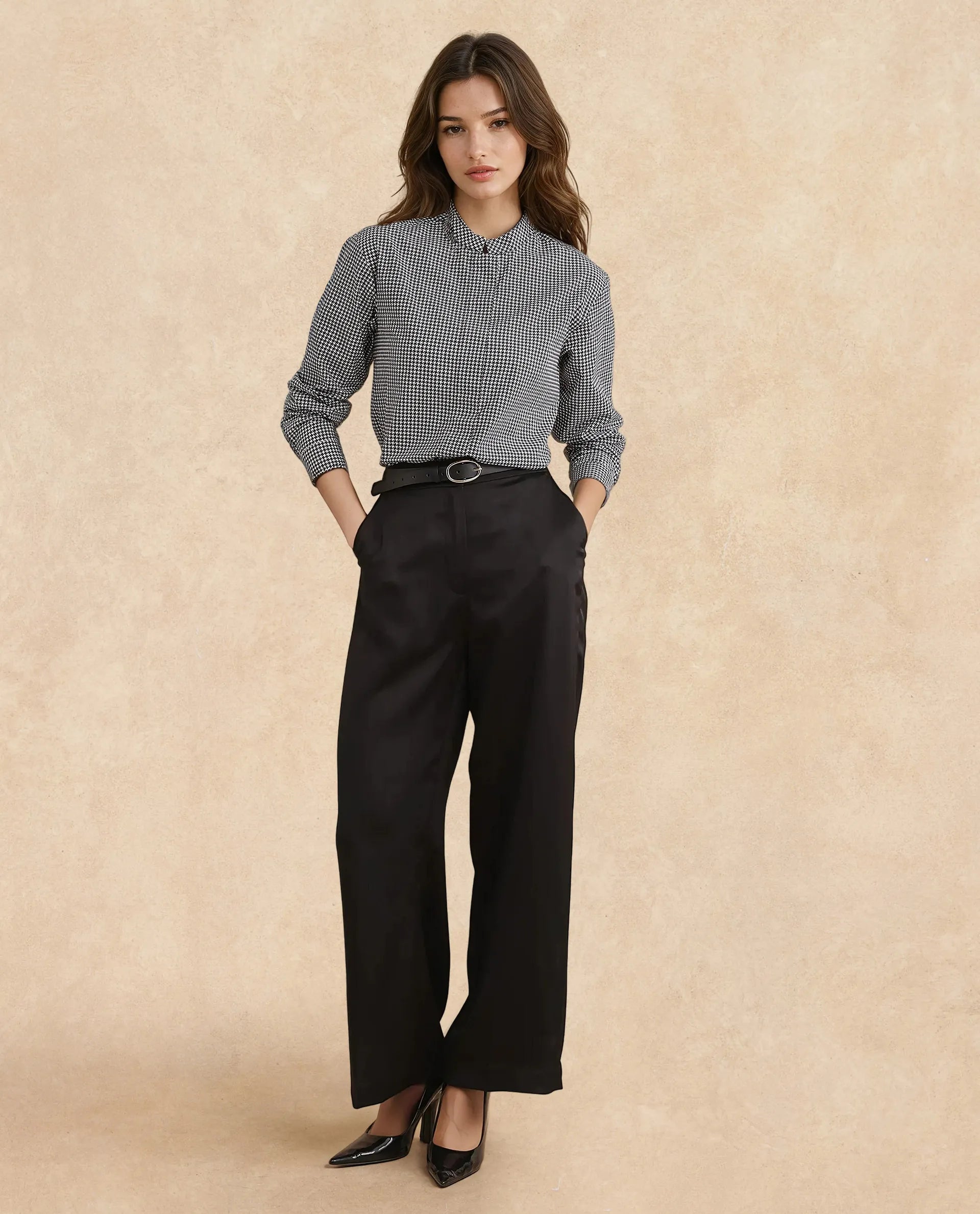 Rareism Women Neumip Multi Cotton Fabric Regular Sleeves High Neck Button Closure Houndstooth Top