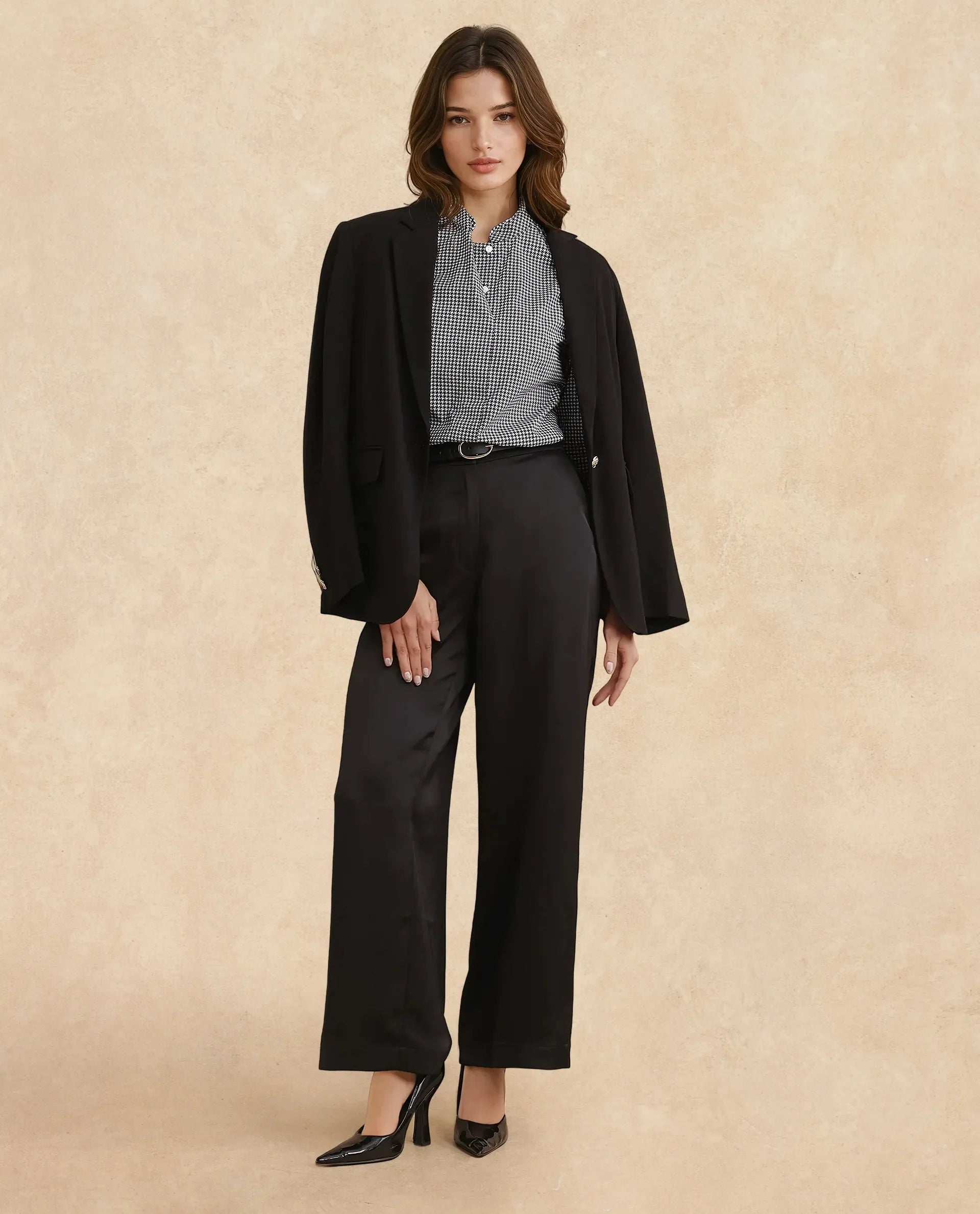 Rareism Women Neumip Multi Cotton Fabric Regular Sleeves High Neck Button Closure Houndstooth Top