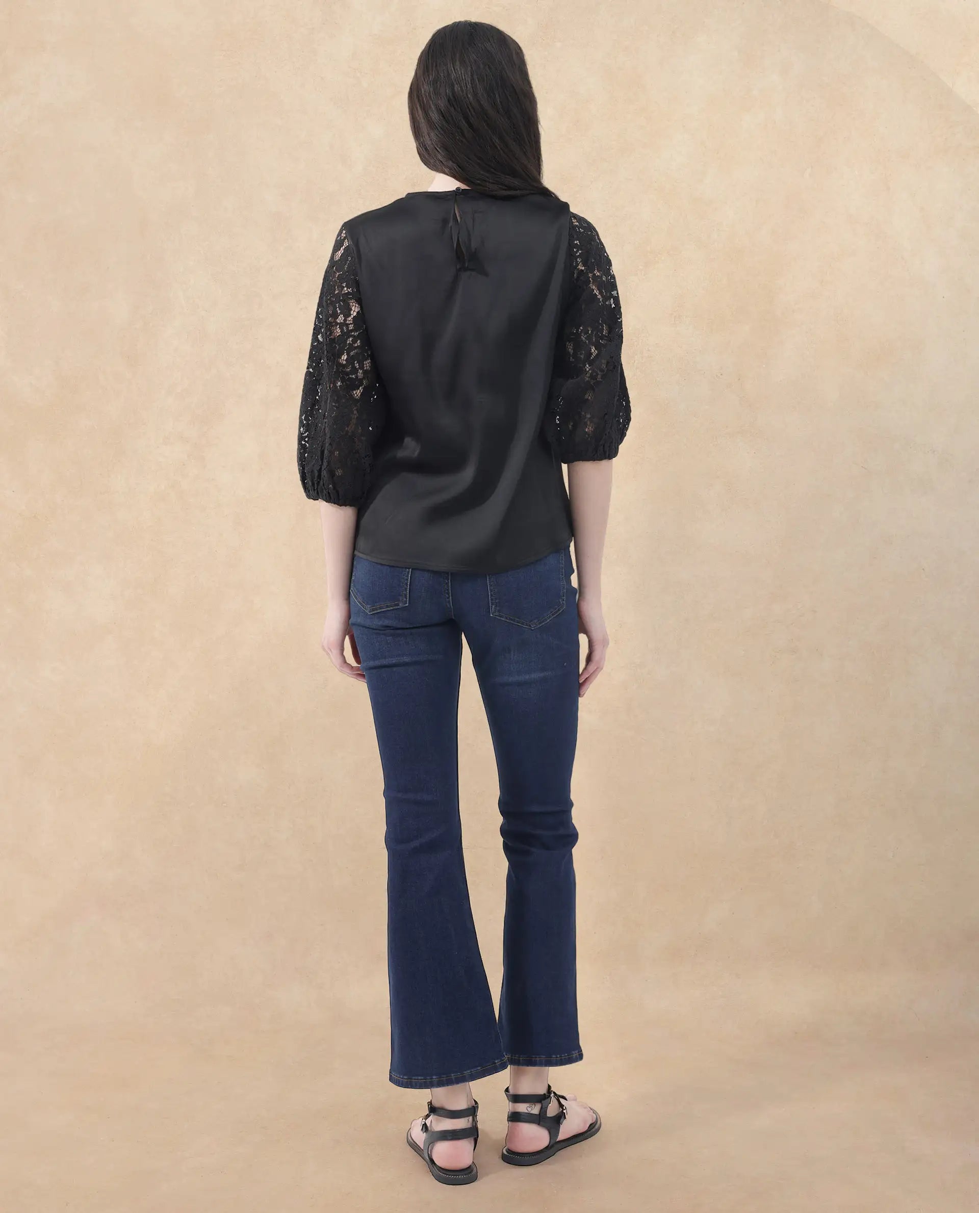 Rareism Women Norbury Black Polyester Fabric Balloon Sleeve Key Hole Neck Solid Regular Length Top