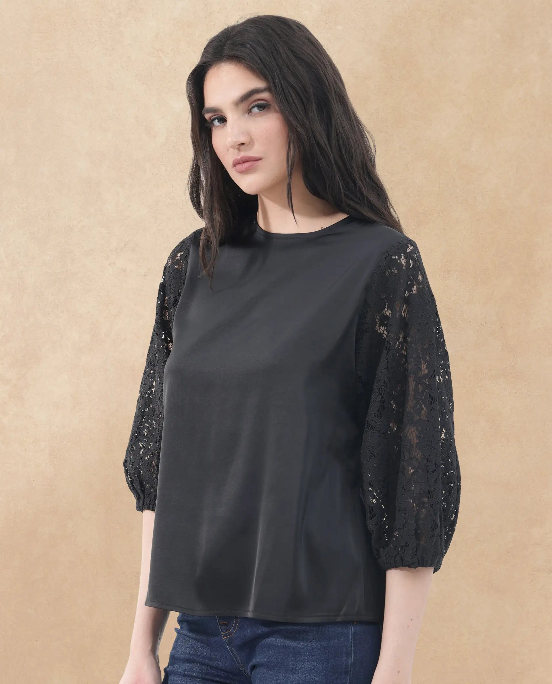 Rareism Women Norbury Black Polyester Fabric Balloon Sleeve Key Hole Neck Solid Regular Length Top