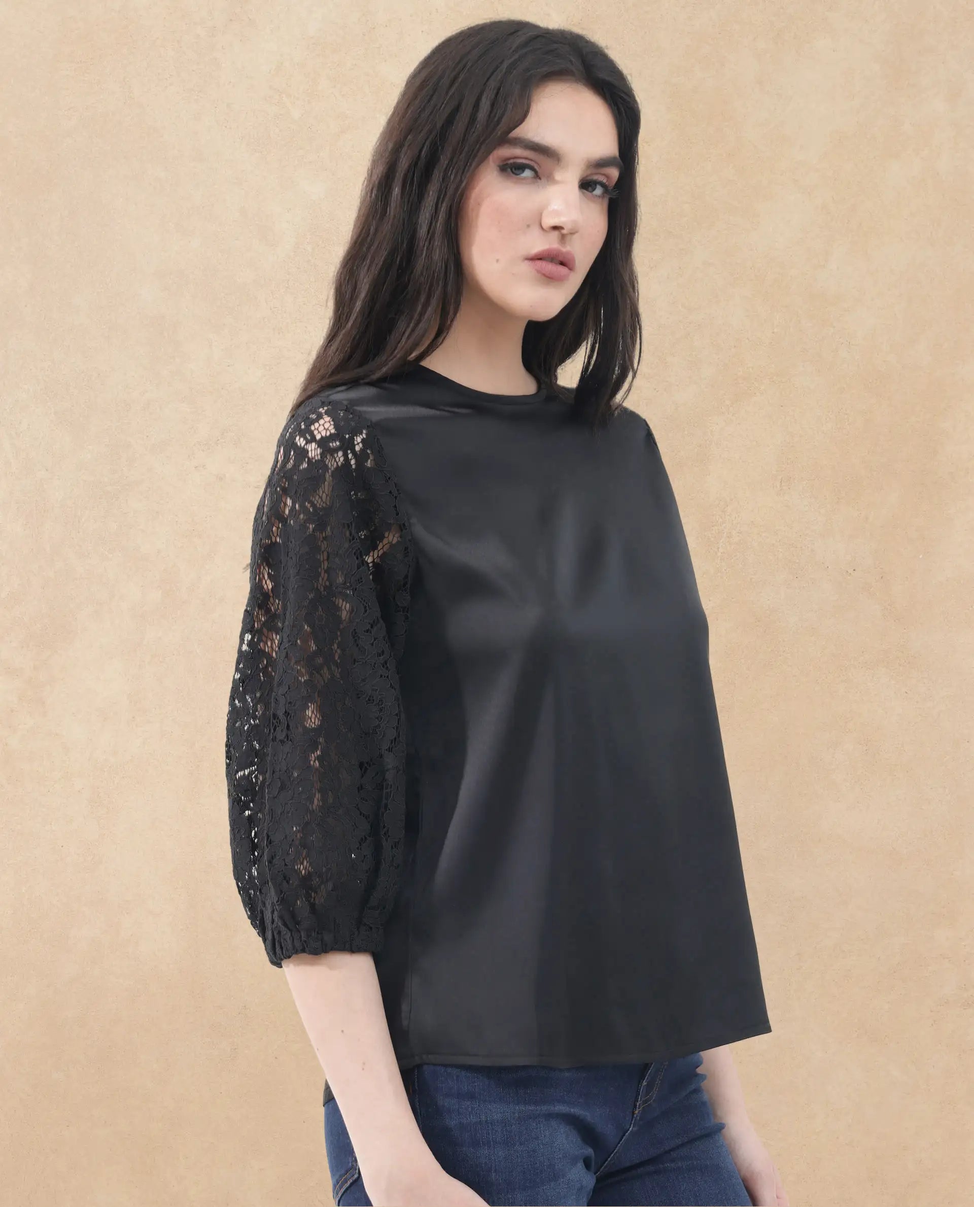 Rareism Women Norbury Black Polyester Fabric Balloon Sleeve Key Hole Neck Solid Regular Length Top