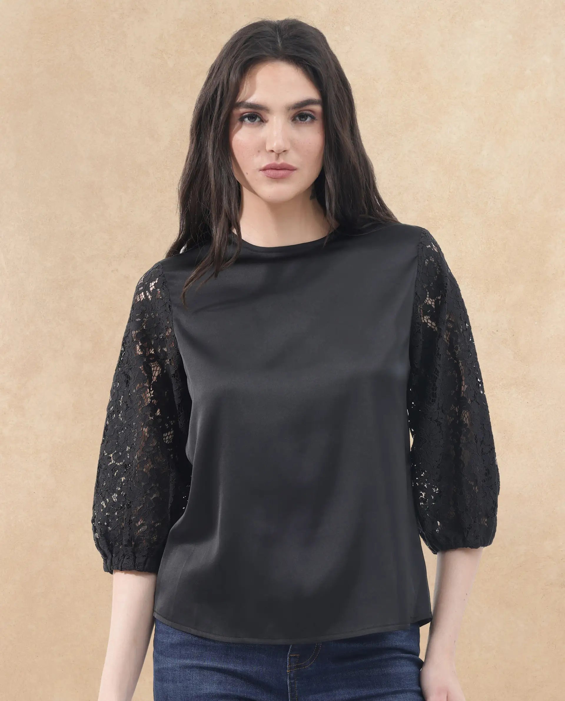 Rareism Women Norbury Black Polyester Fabric Balloon Sleeve Key Hole Neck Solid Regular Length Top