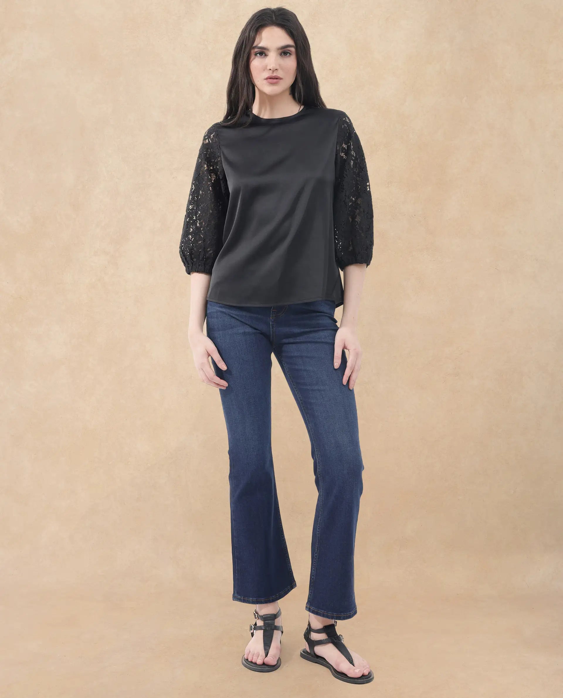 Rareism Women Norbury Black Polyester Fabric Balloon Sleeve Key Hole Neck Solid Regular Length Top